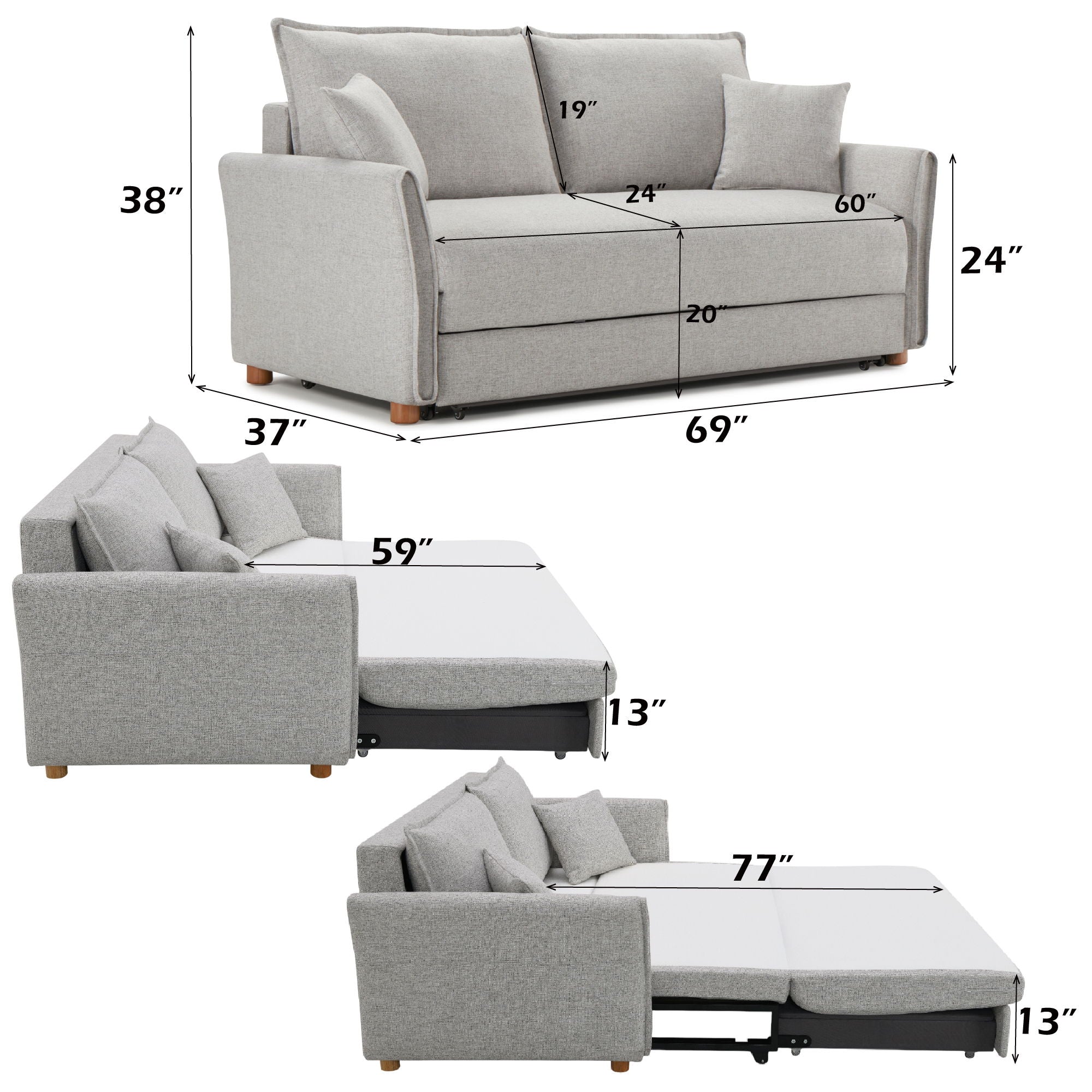 Oren - Chenille Sleeper Sectional Sofa With Storage 2 Toss Pillows - Gray - Image 2