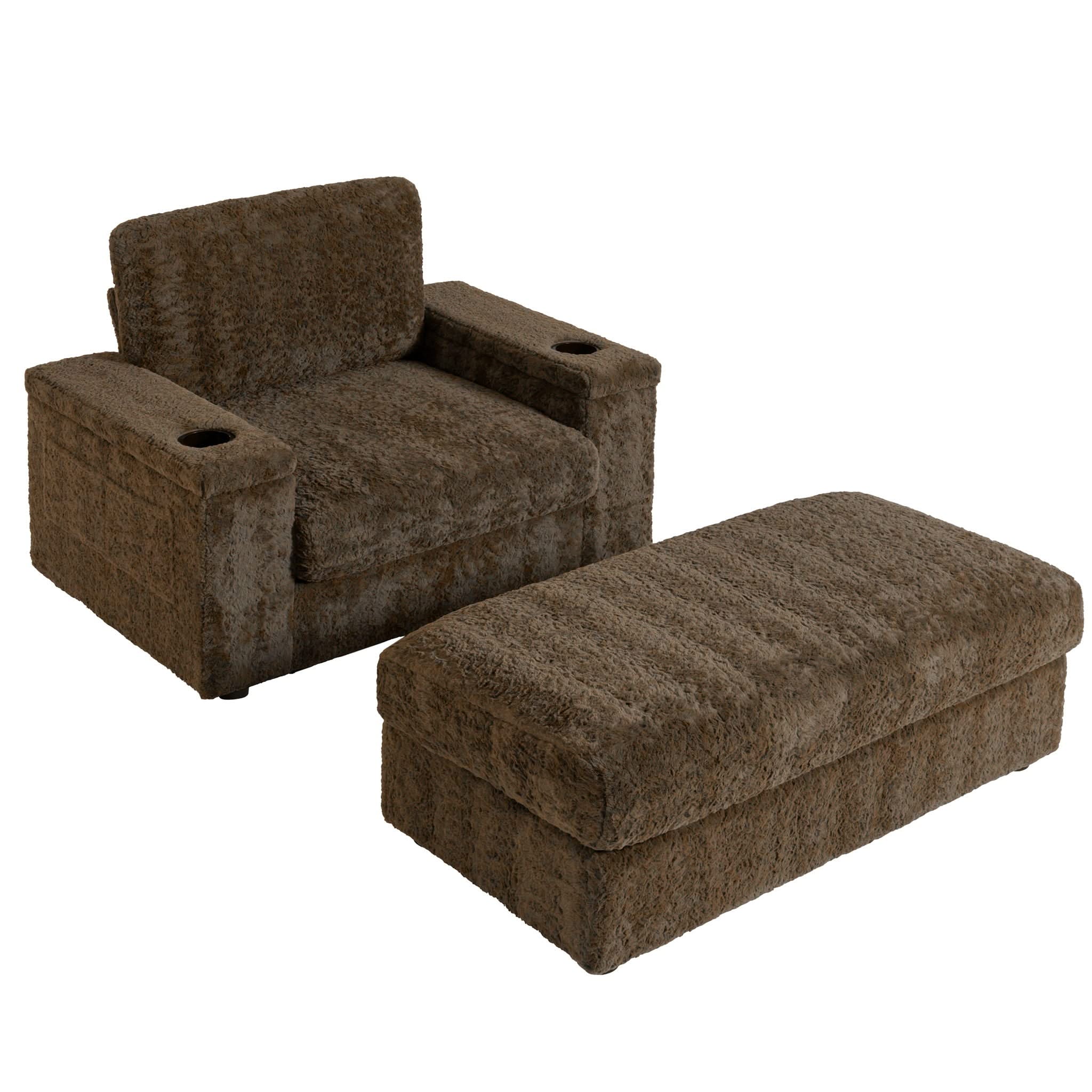 Oversized Chaise Lounge Indoor Rabbit Fur Sofa Bed With Storage Ottoman And Armrests Cup Holders With Deep Seat - Image 3