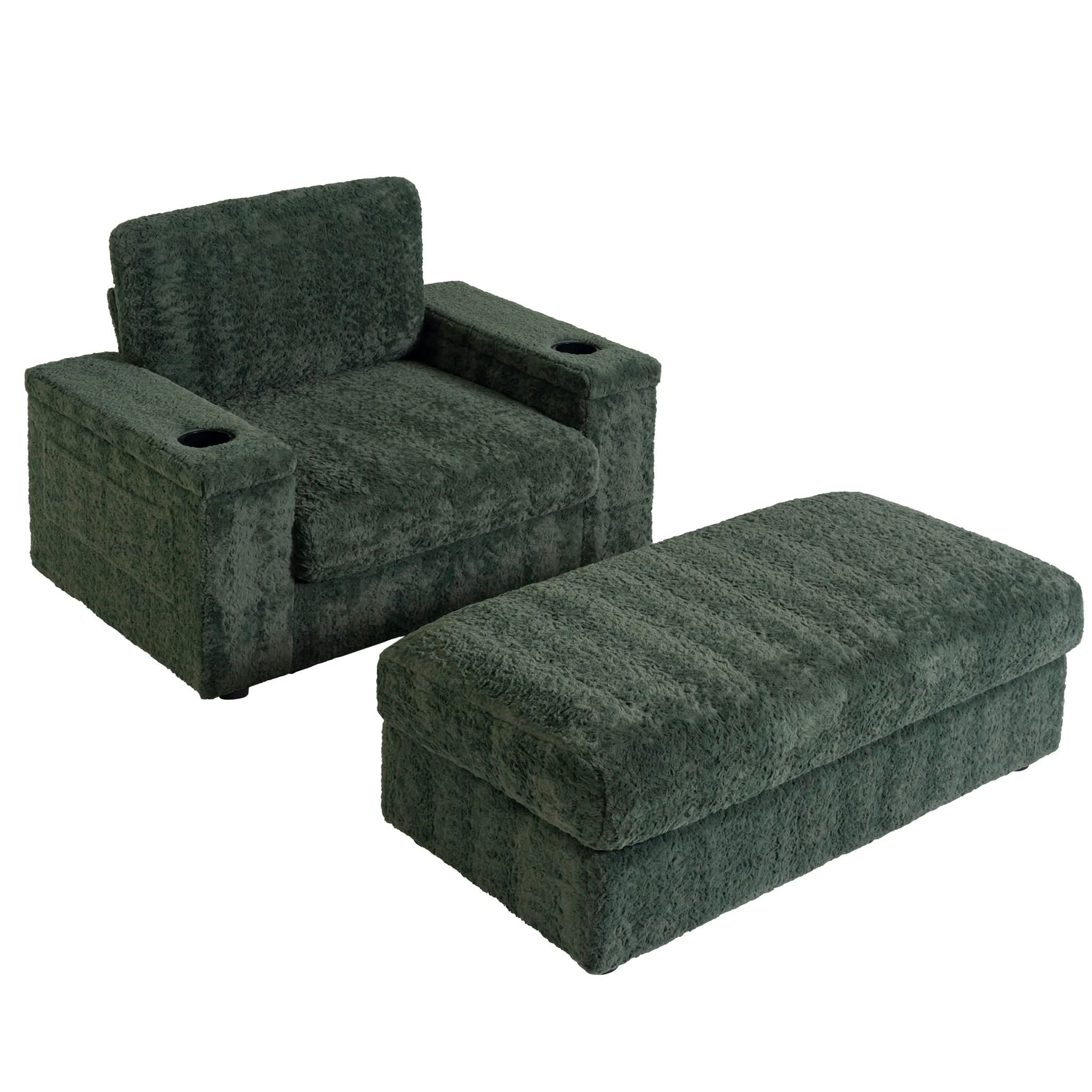Oversized Chaise Lounge Indoor Rabbit Fur Sofa Bed With Storage Ottoman And Armrests Cup Holders With Deep Seat - Image 4