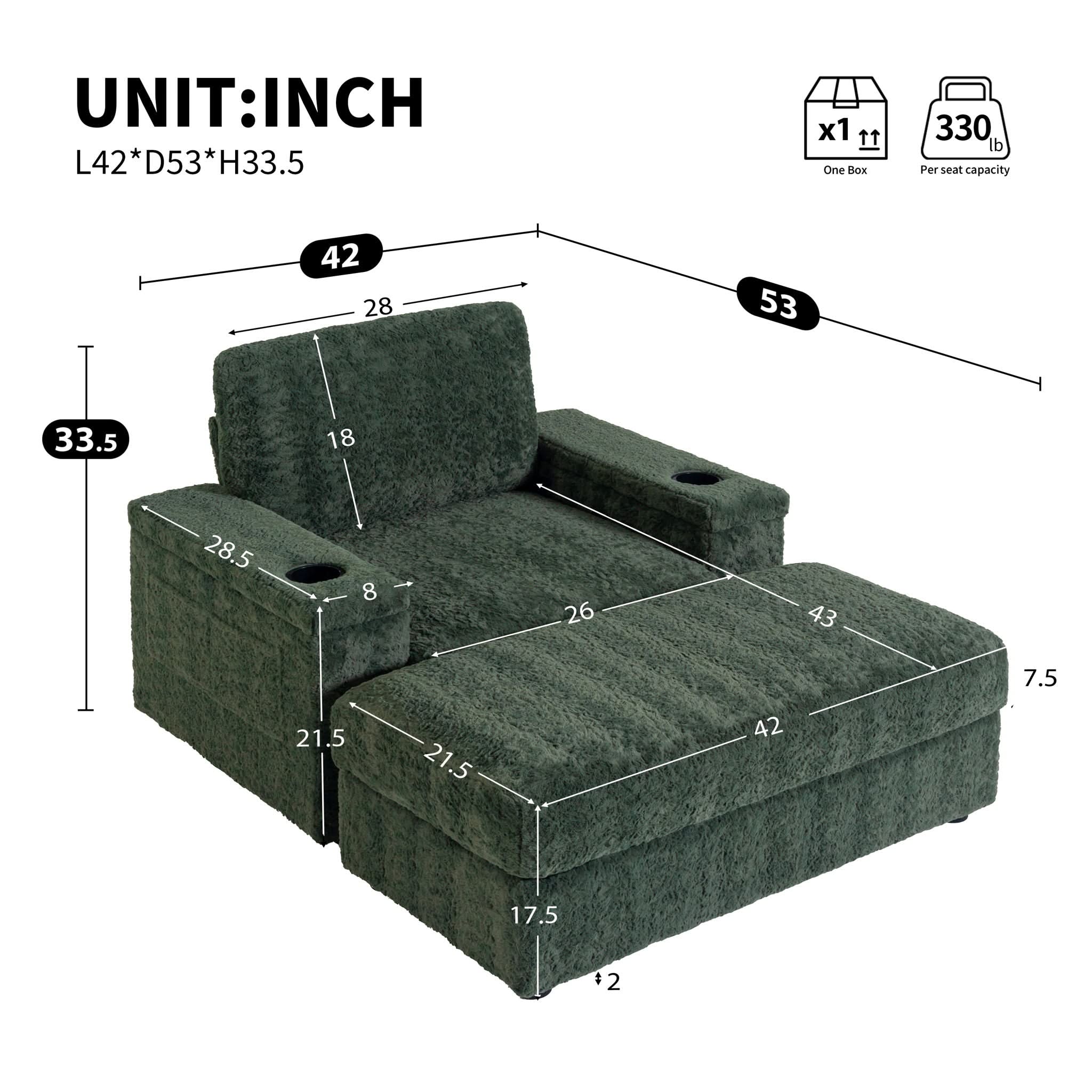 Oversized Chaise Lounge Indoor Rabbit Fur Sofa Bed With Storage Ottoman And Armrests Cup Holders With Deep Seat - Image 8
