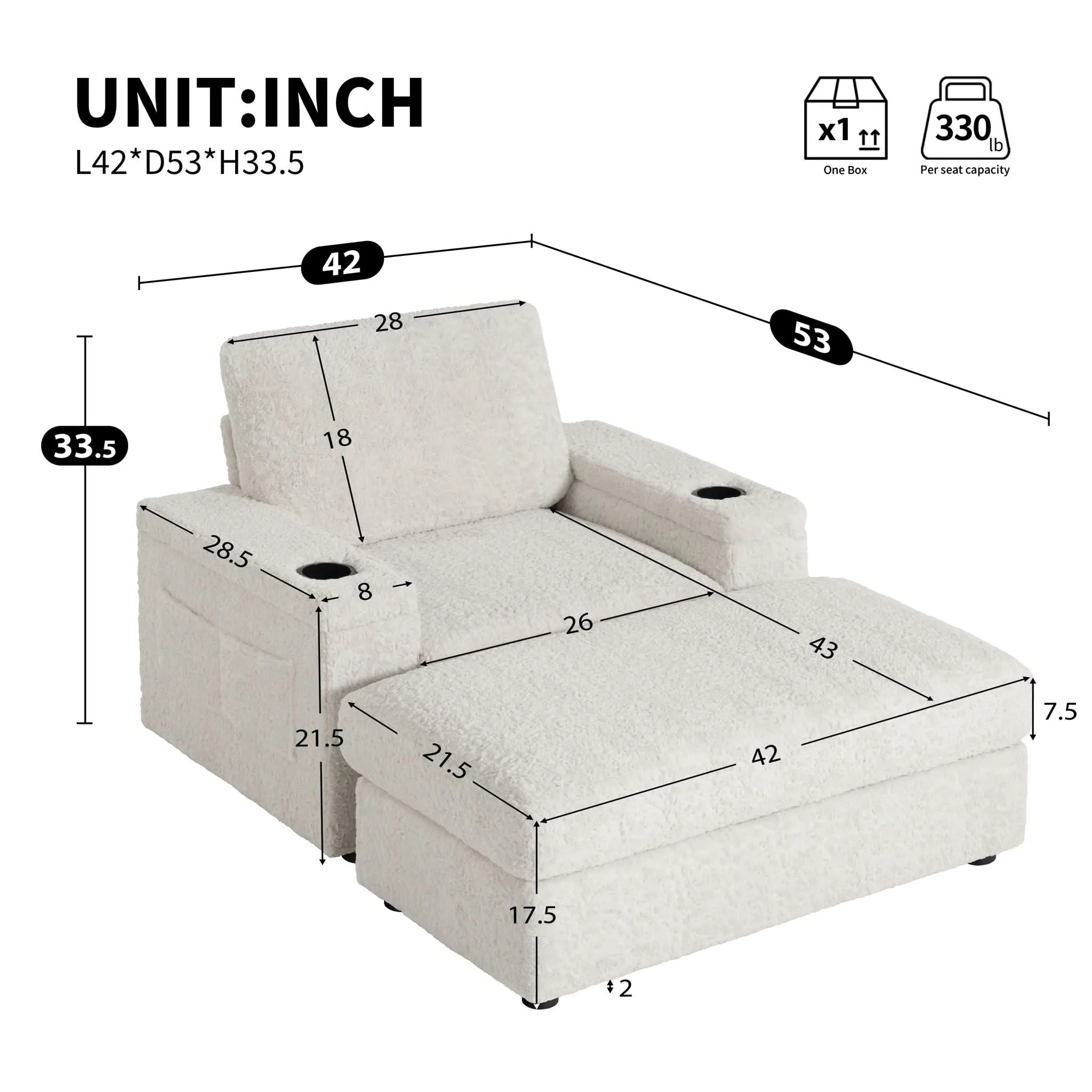 Oversized Chaise Lounge Indoor Rabbit Fur Sofa Bed With Storage Ottoman And Armrests Cup Holders With Deep Seat - Image 9