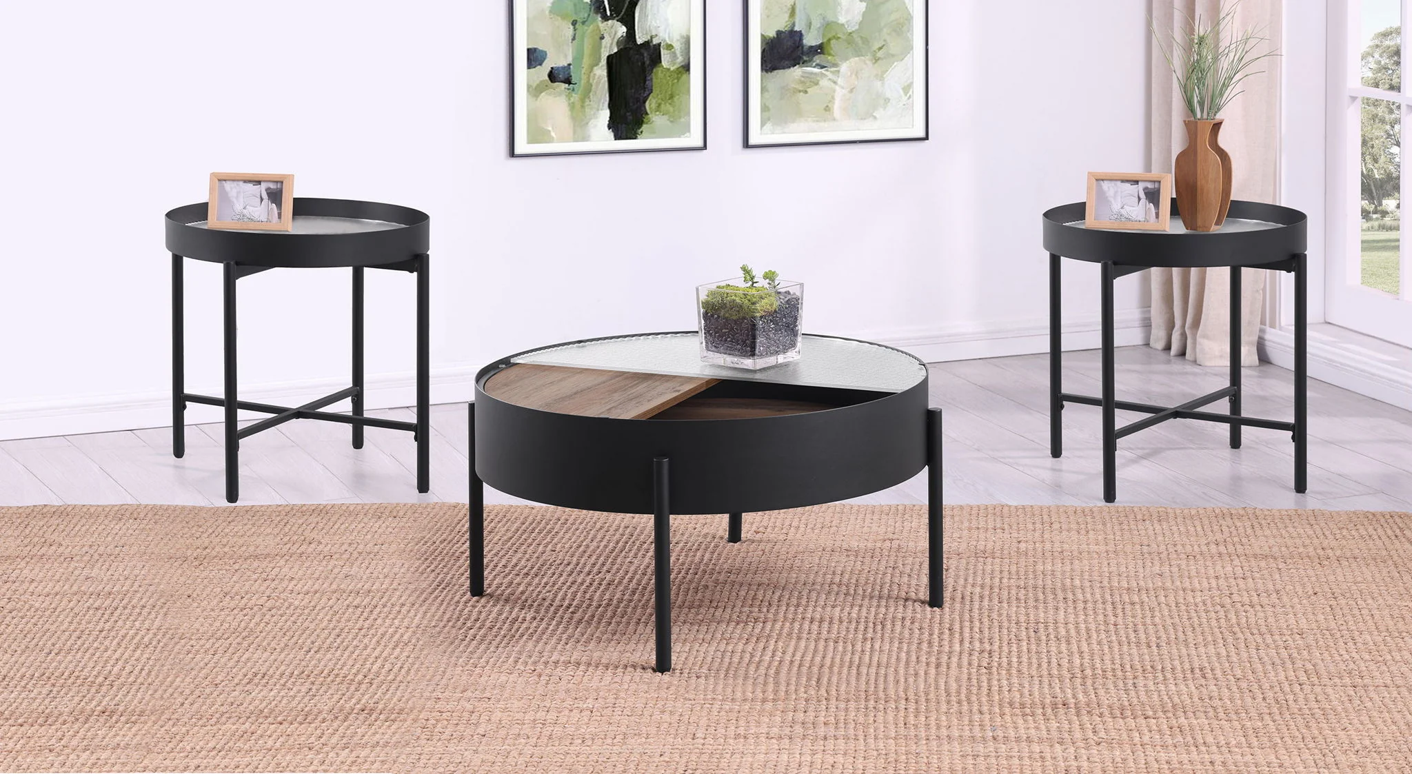 Ozella 3-piece Round Coffee and End Table Set Sandy Black - Image 2