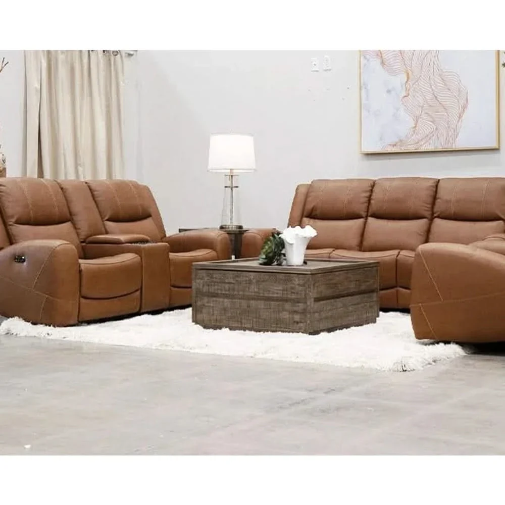 Room Package - Pauline Butternut Brown Leather Power Reclining Living Room Package with Coffee Table Set & Rug - Image 5