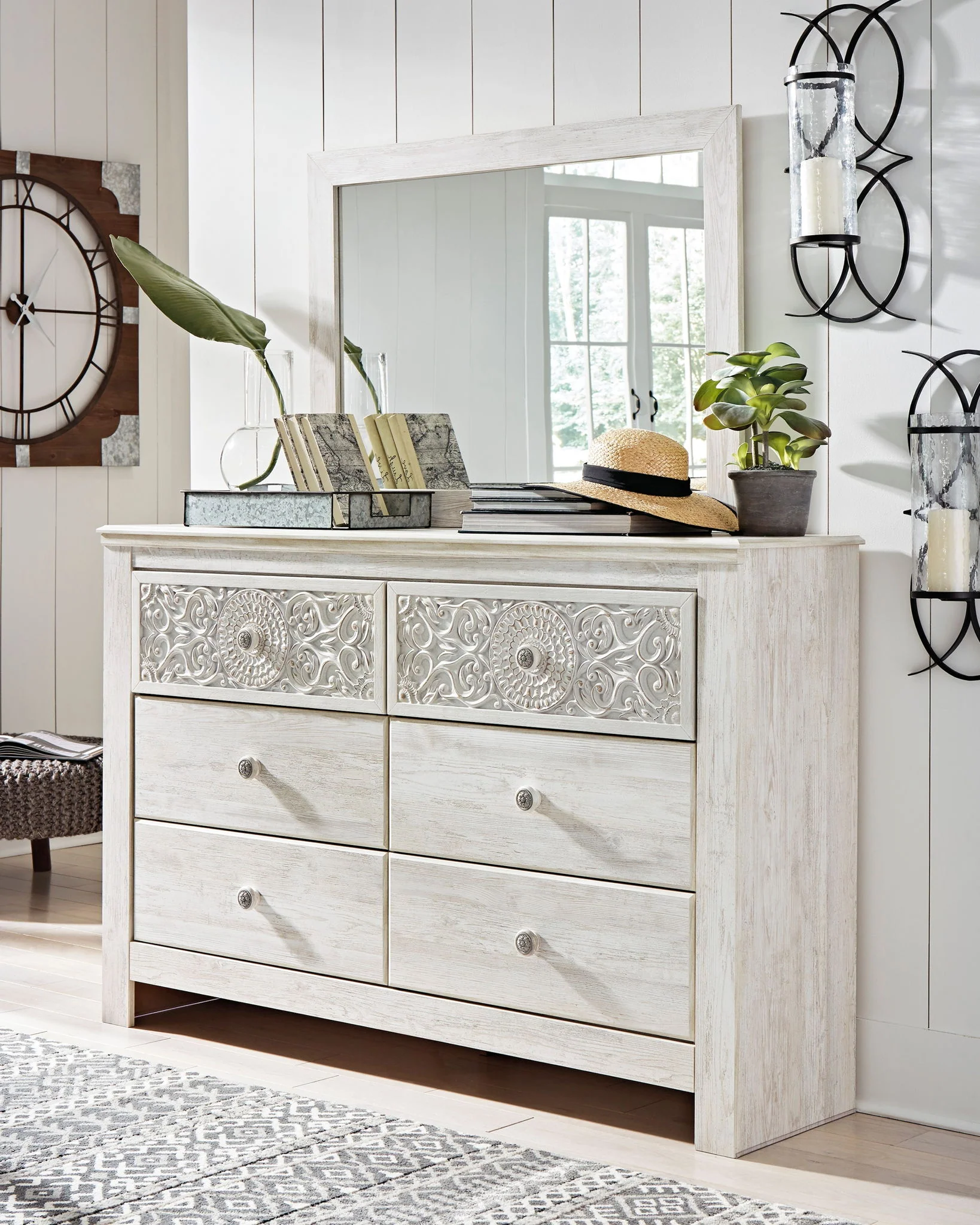 Paxberry - Dresser, Mirror - Medallion Drawer Pulls - Whitewash - Image 3