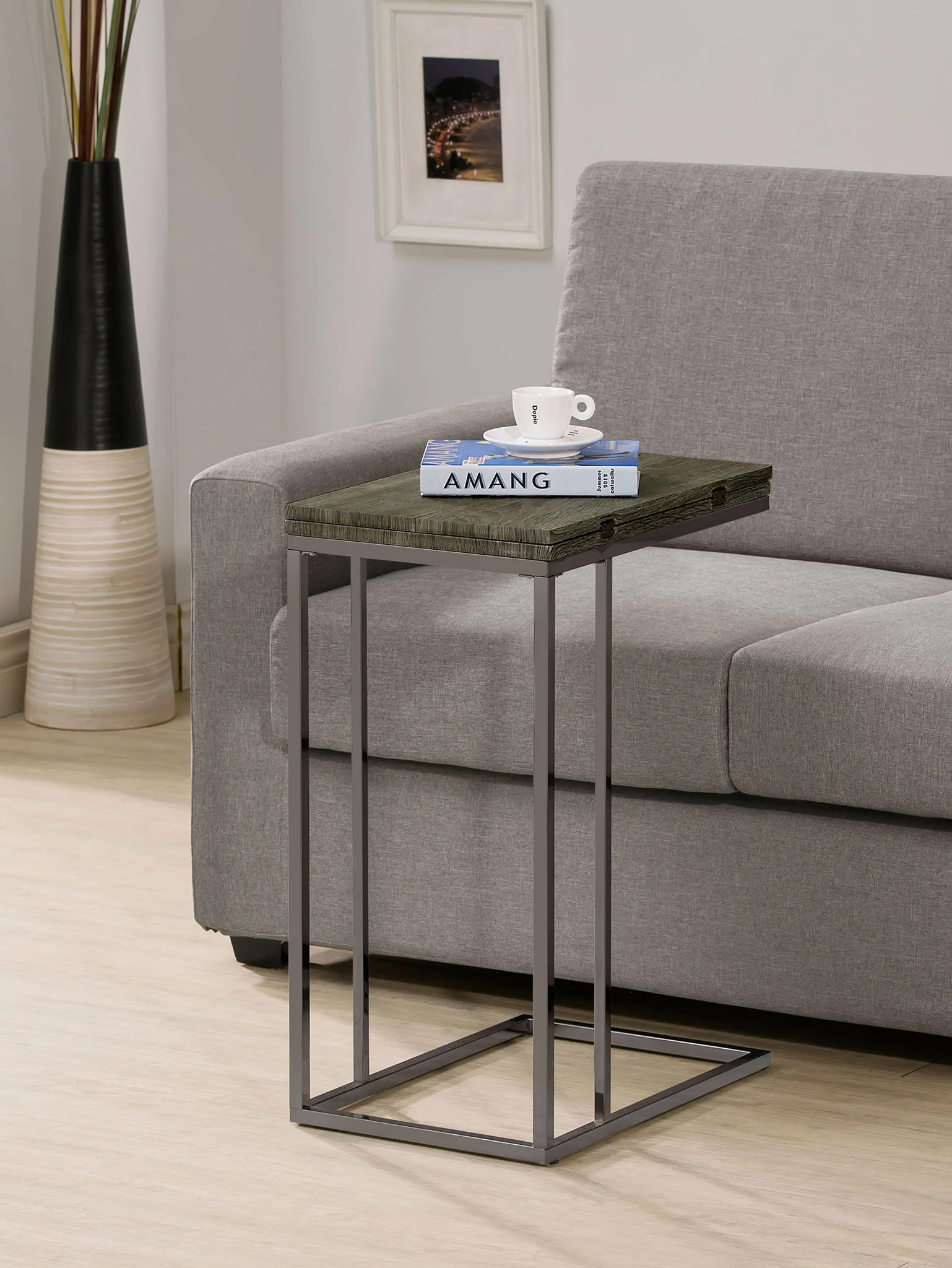 Pedro Expandable C-Shaped Sofa Side Table Weathered Grey - Image 4