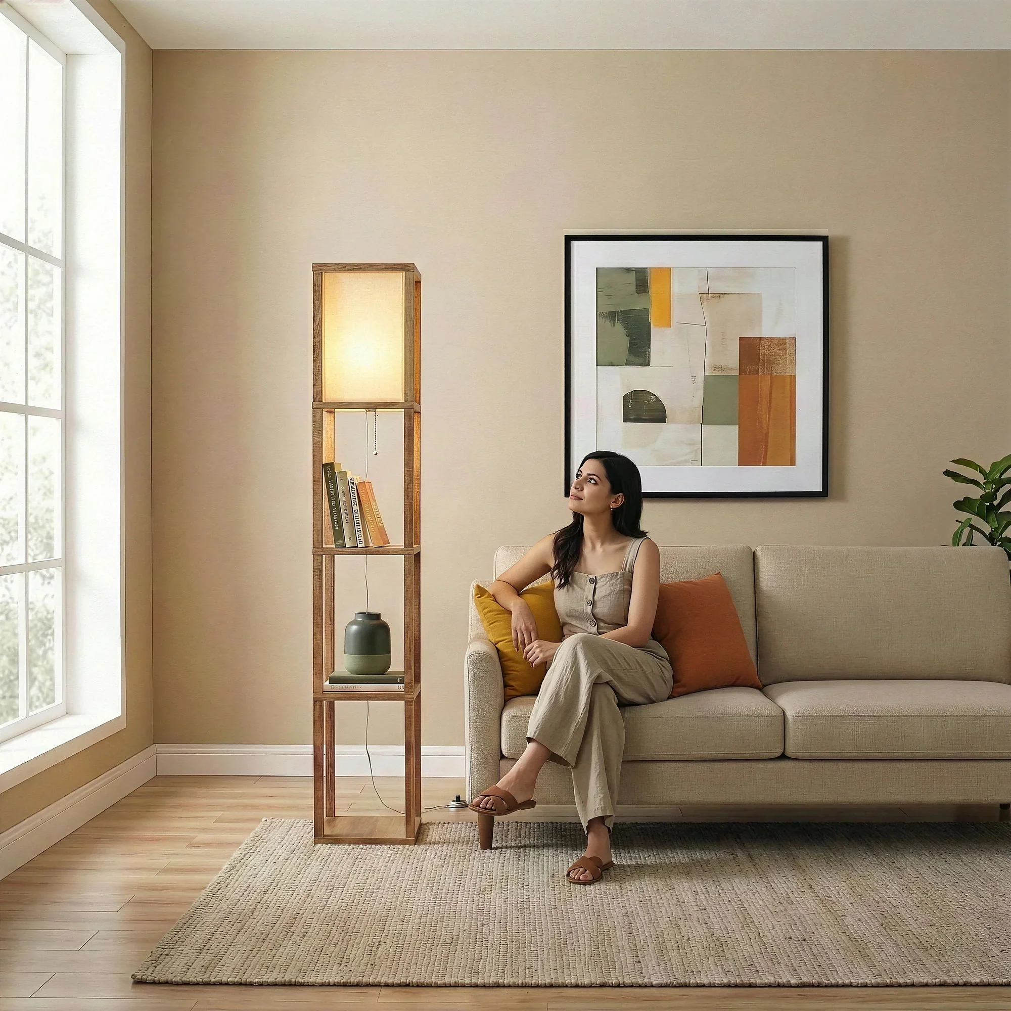 Pinnacle - Shelf Floor Lamp For Bedroom / Living Room, Long Shade - Natural Wood / White - Image 2