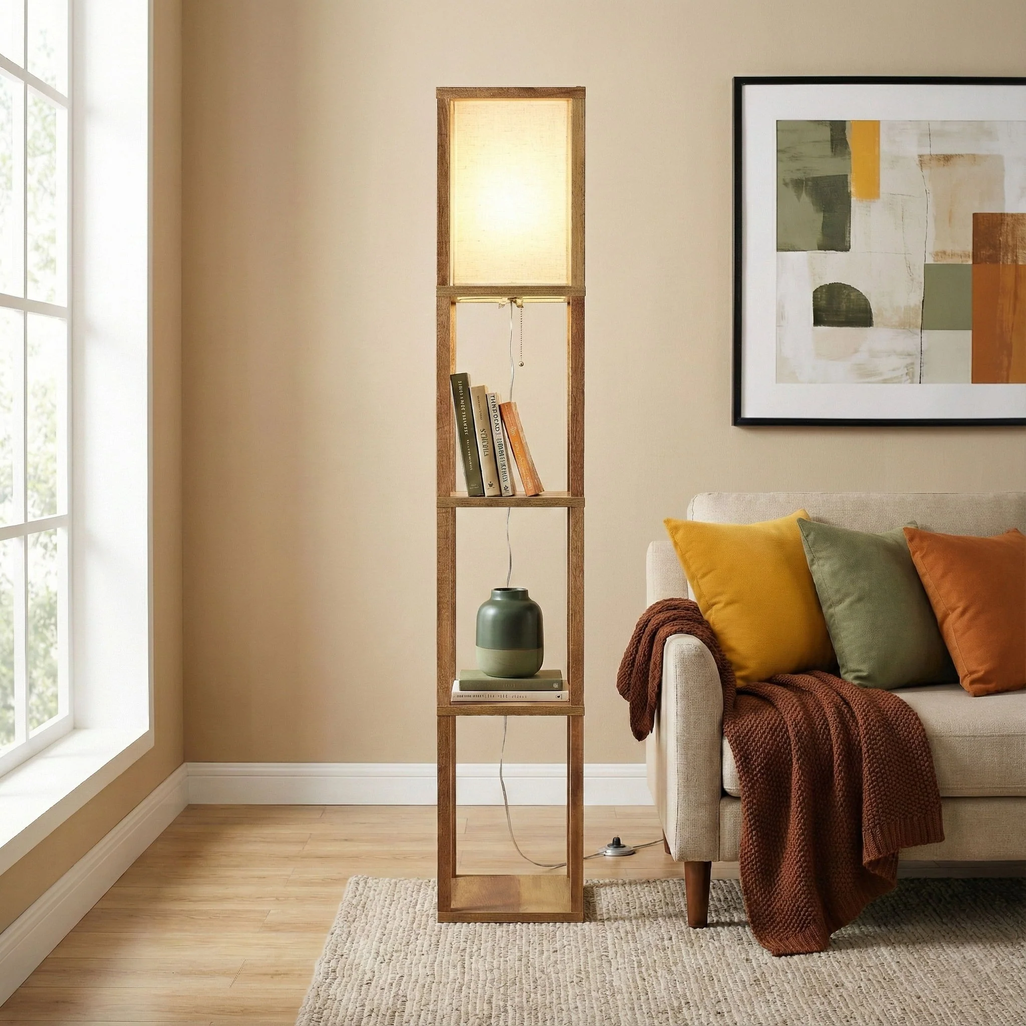 Pinnacle - Shelf Floor Lamp For Bedroom / Living Room, Long Shade - Natural Wood / White - Image 3