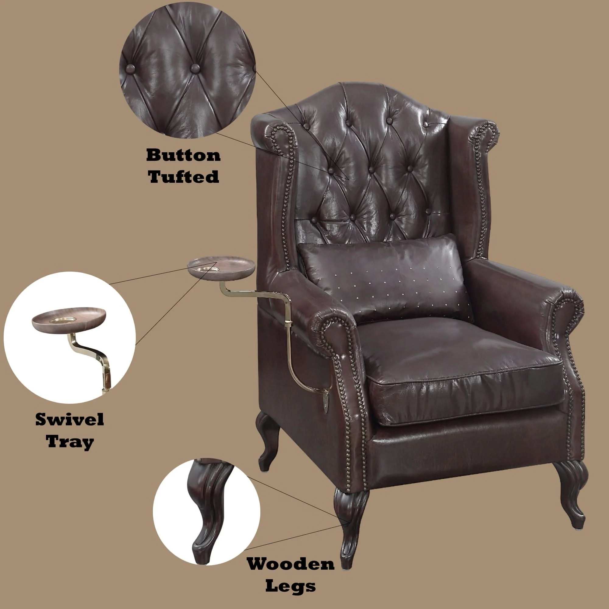 Pino - Vintage Top Grain Leather Accent Chair With 1 Toss Pillow - Brown - Image 2