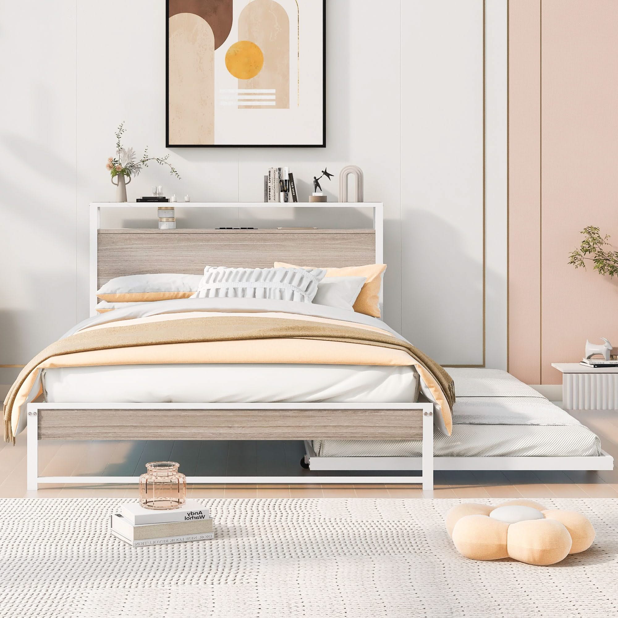 Platform Bed Frame With Trundle, USB Ports And Slat Support, No Box Spring Needed - Image 13