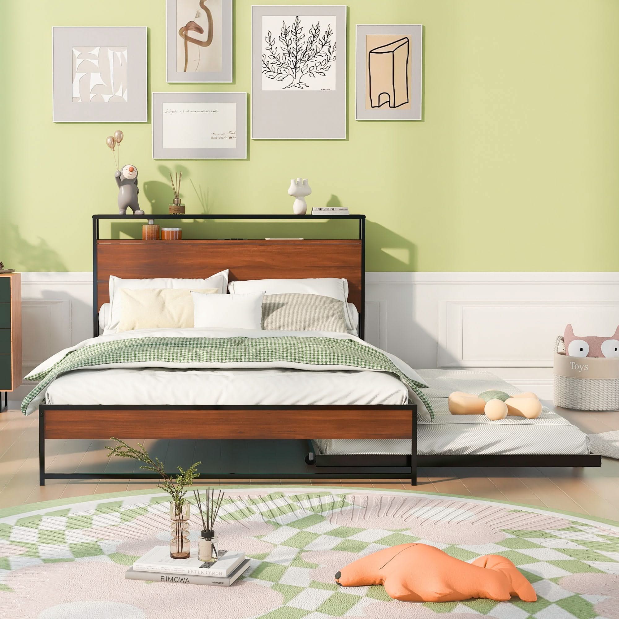 Platform Bed Frame With Trundle, USB Ports And Slat Support, No Box Spring Needed - Image 15