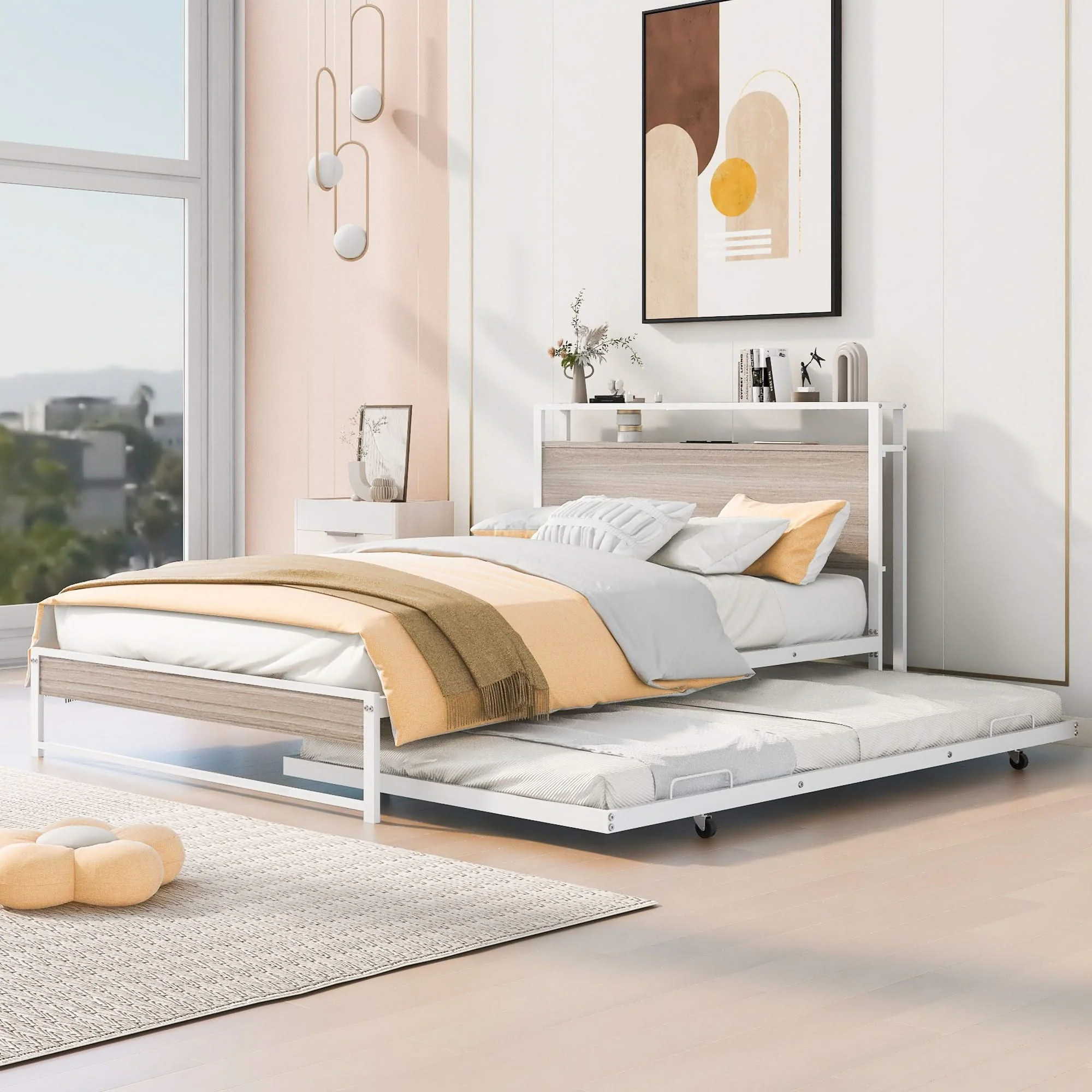 Platform Bed Frame With Trundle, USB Ports And Slat Support, No Box Spring Needed - Image 2