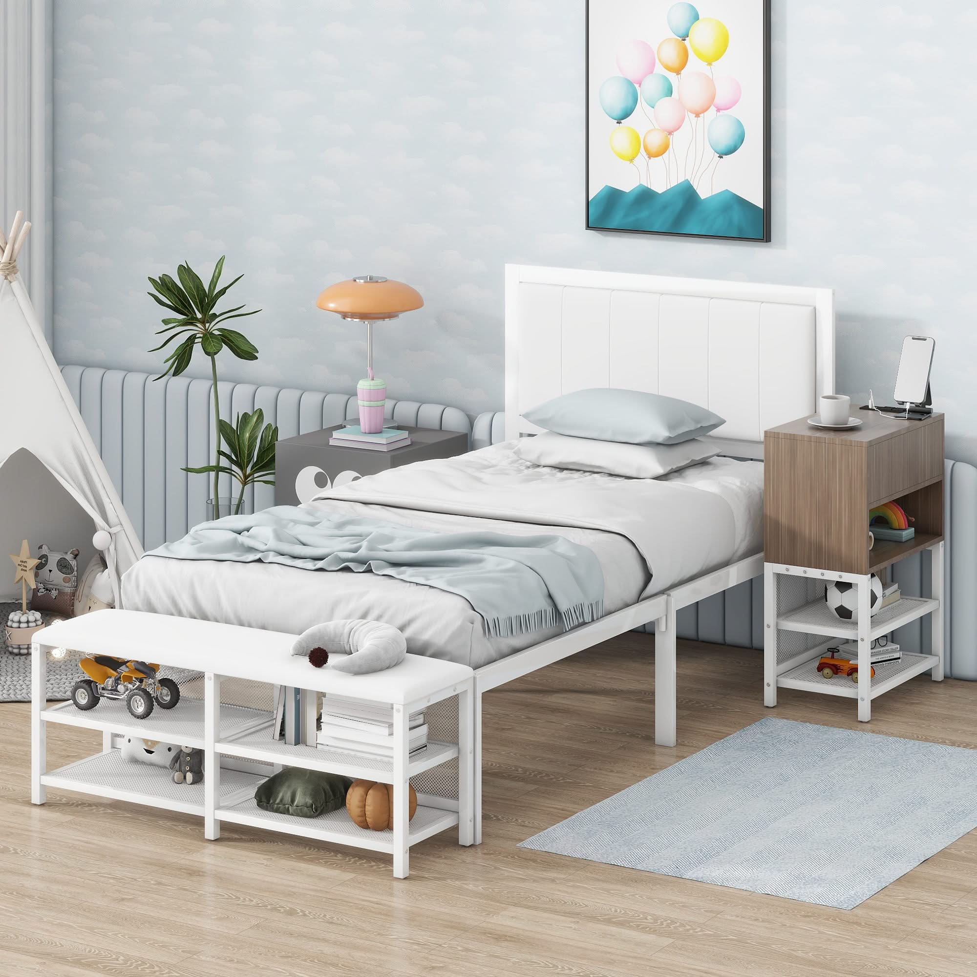 Platform Bed With 2 Tier Storage Shelves, Storage Cabinet - Image 4