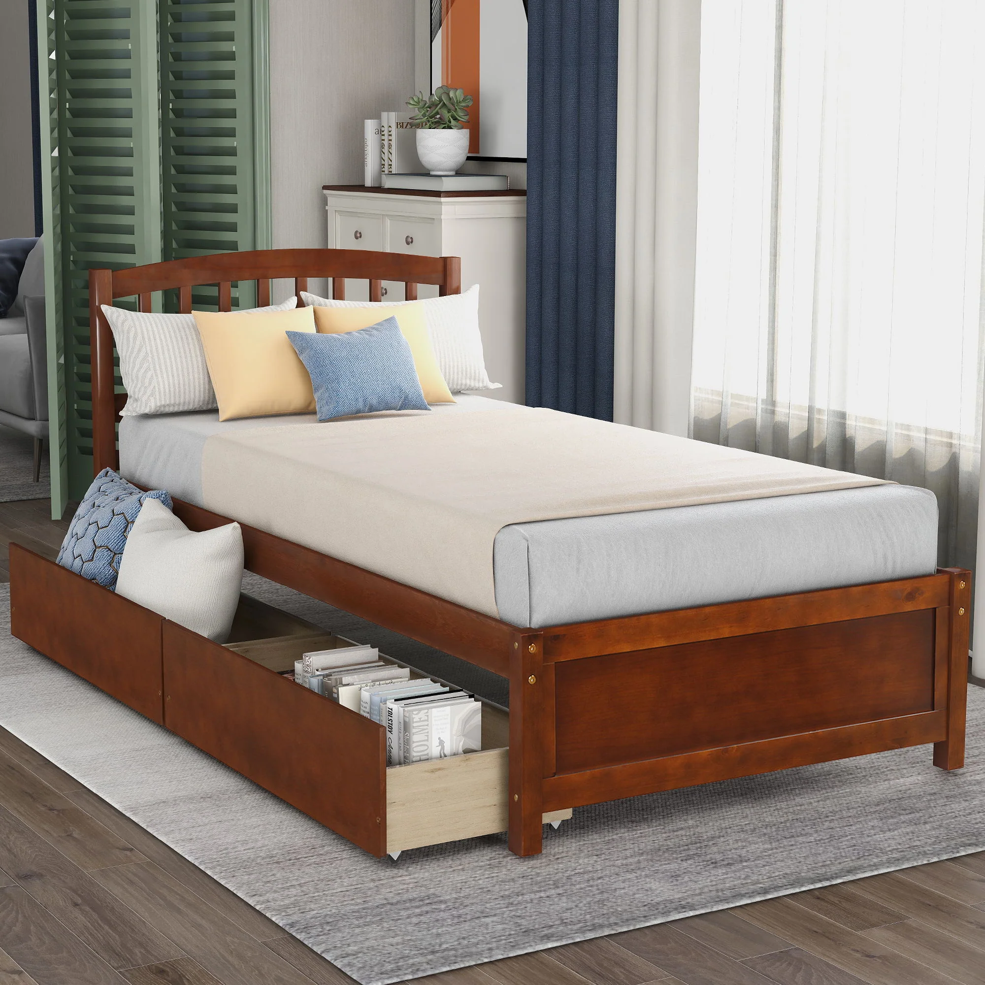 Platform Storage Bed Wood Bed Frame With Two Drawers And Headboard - Image 7