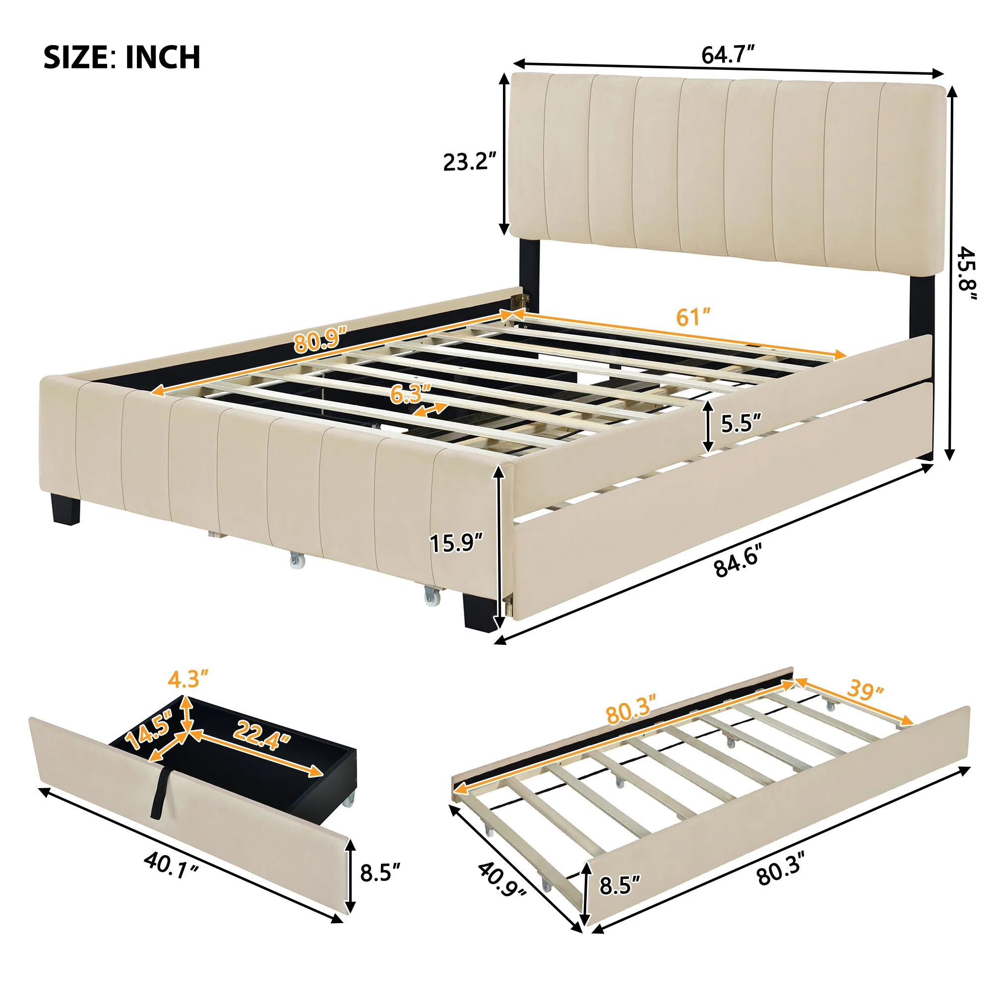 Platform UpholsteredBed With 2 Drawers And Twin Long Trundle - Image 8