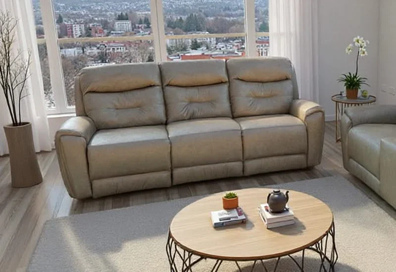 Point Break Beige Leather Triple Power Reclining Sofa with Adjustable Headrests
