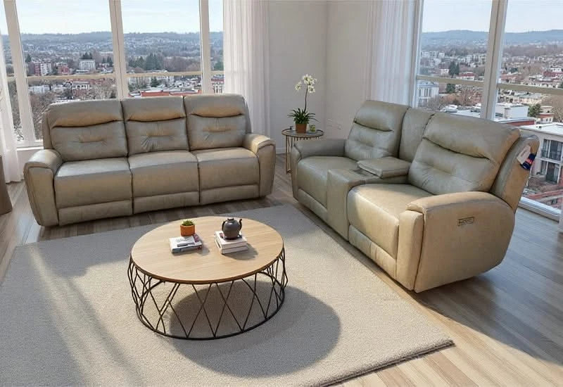 Point Break Beige Leather Triple Power Reclining Sofa with Adjustable Headrests - Image 2