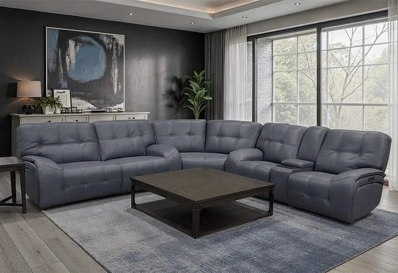 Poland Cobalt Blue Leather Power Reclining Sectional with Console