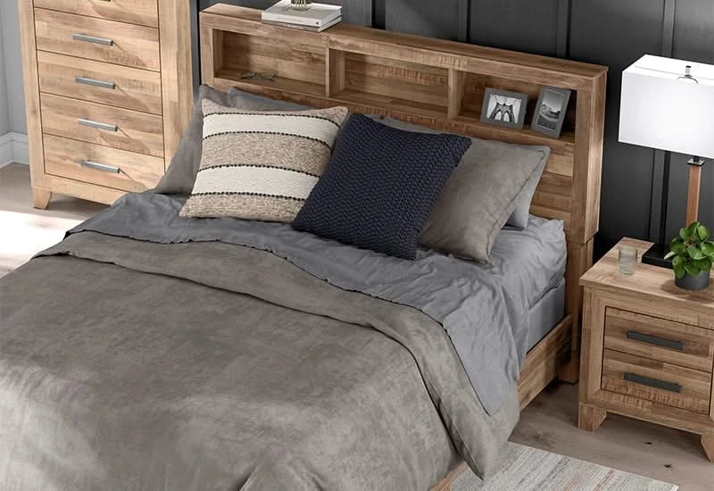 Porto Brown Contemporary Bookcase 5 PC Bedroom Set Includes Bed (Headboard, Footboard and Rails), Dresser and Mirror - Image 3