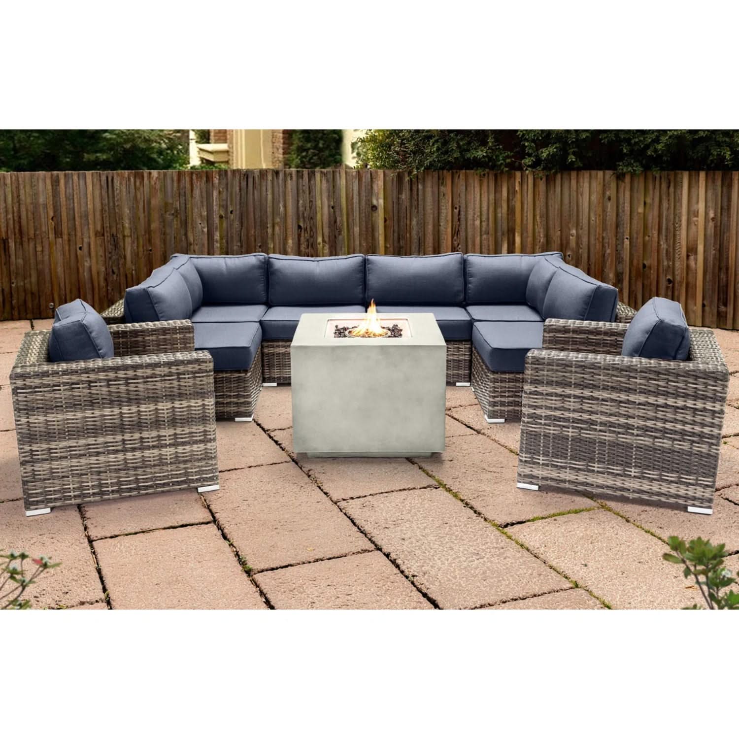 Premium 6 Person Wicker Patio Seating Group With Deep Cushions And Concrete Fire Pit - Gray Mix - Image 4