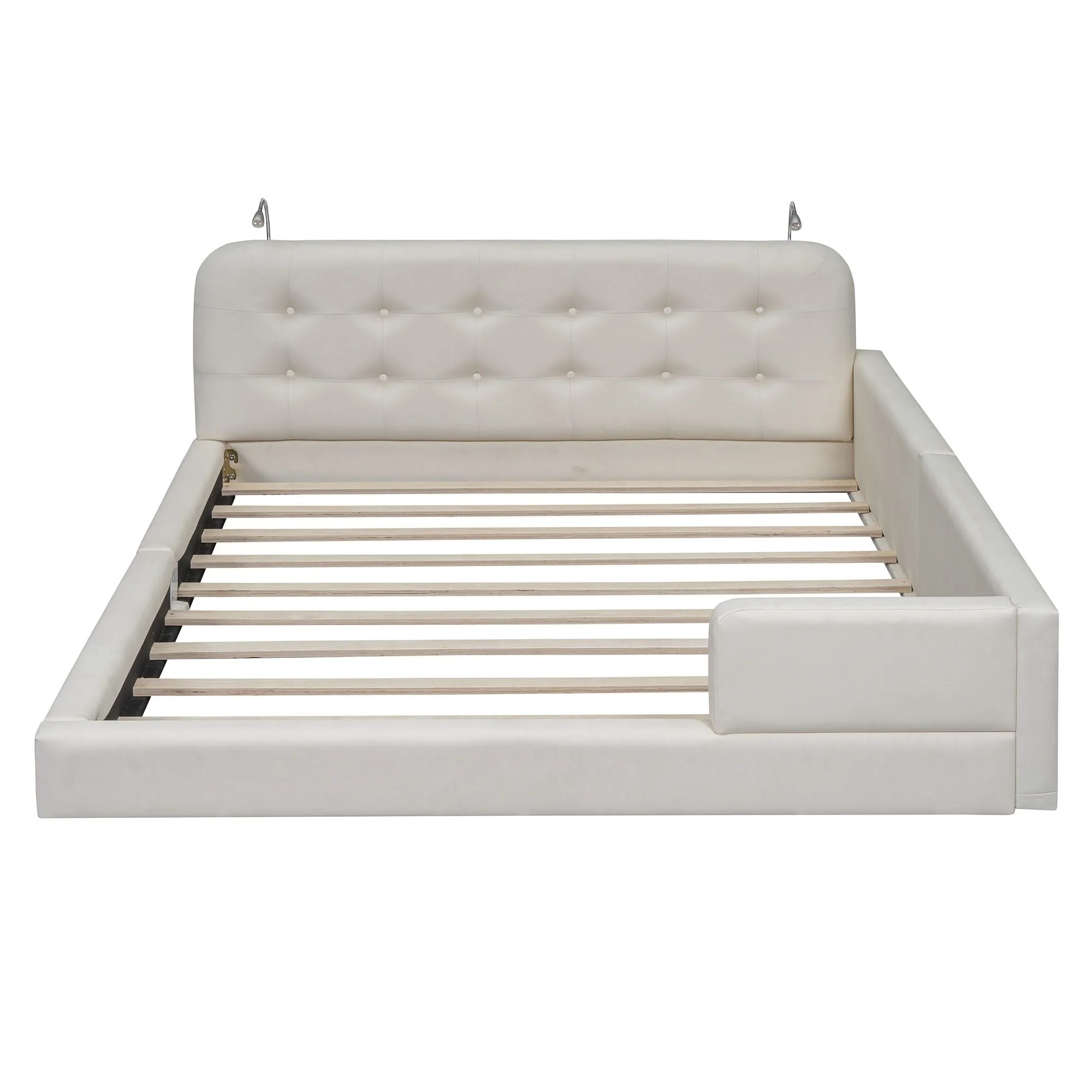 Queen Size Upholstered Platform Bed With 2 Reading Lights - White - Image 2