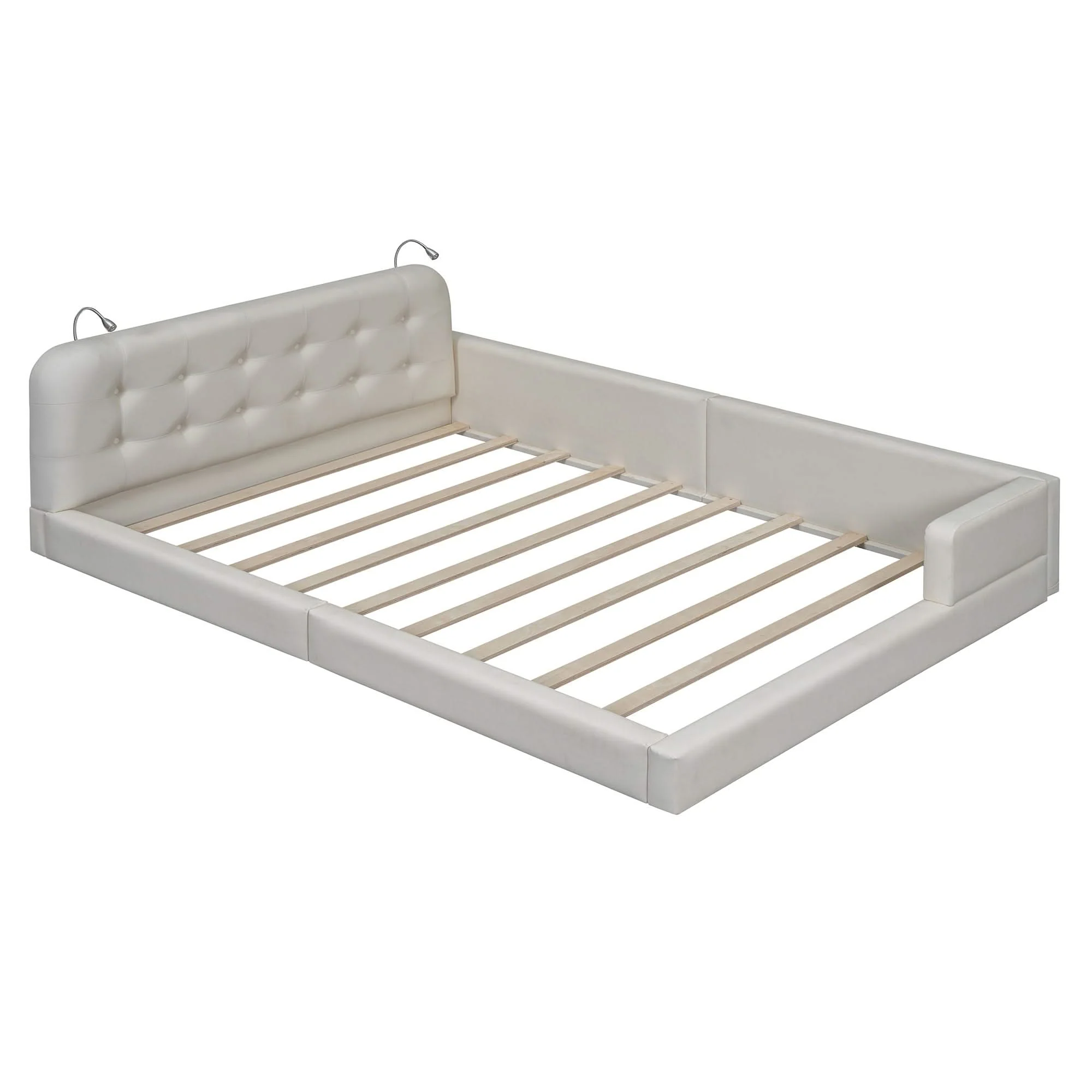 Queen Size Upholstered Platform Bed With 2 Reading Lights - White - Image 3