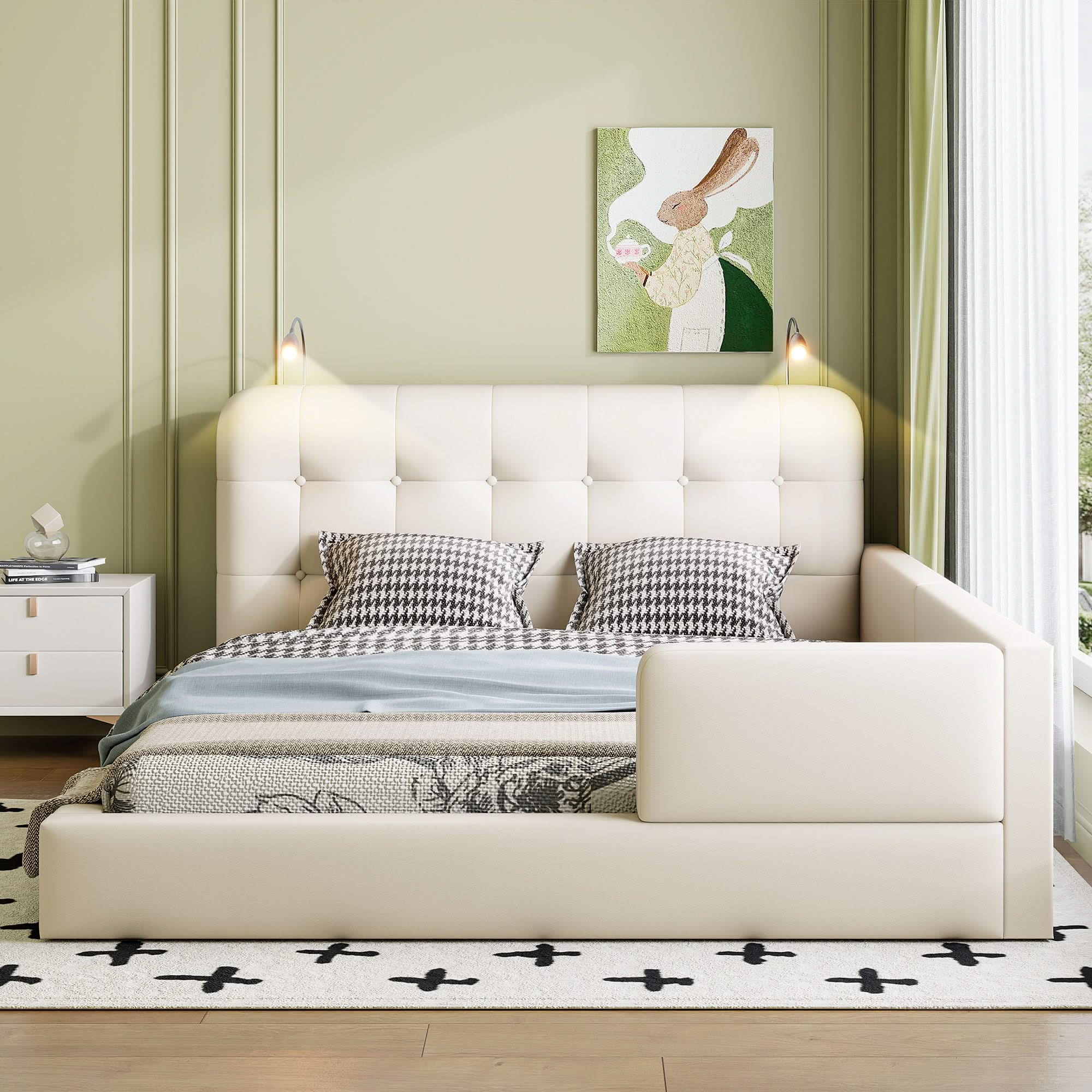 Queen Size Upholstered Platform Bed With 2 Reading Lights - White - Image 4