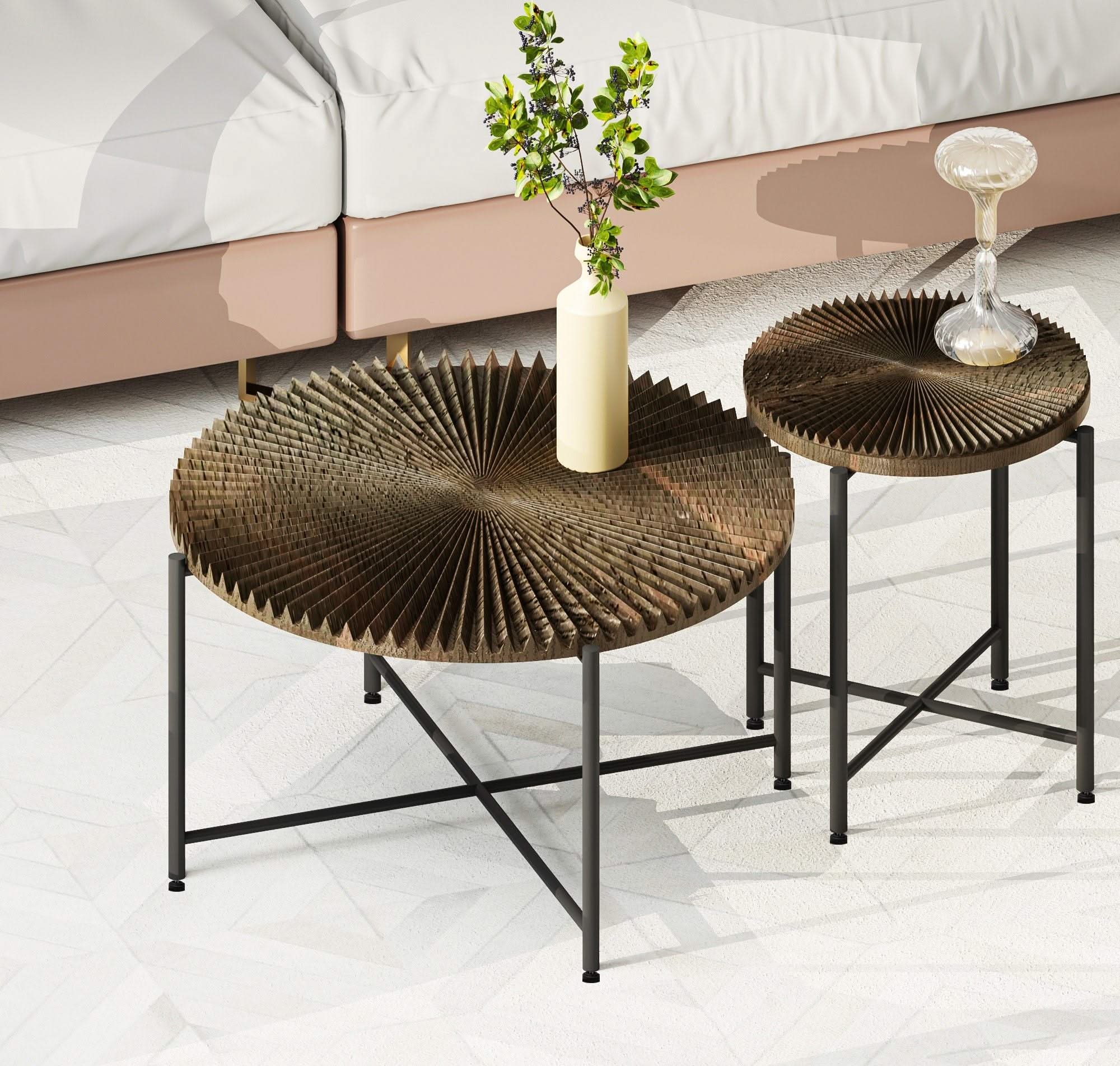 Radial - Pattern Coffee And End Table Set Waterproof Cover, Distressed Cylindrical Design (Set of 2) - Image 8
