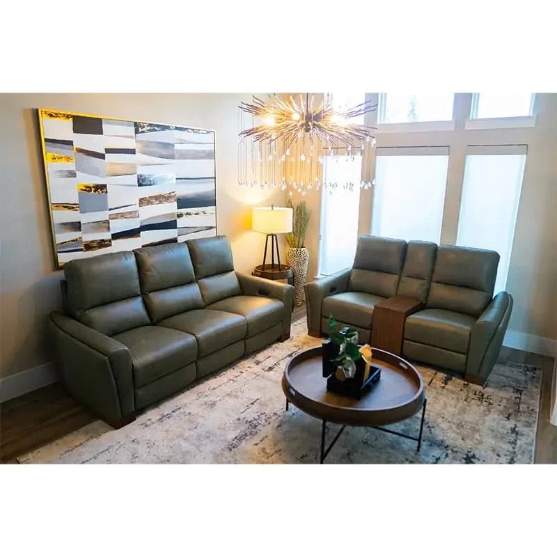 Rainforest Green Leather Modern Dual Power Reclining Living Room Set Includes Sofa and Loveseat with Dropdown table & lights - Image 3