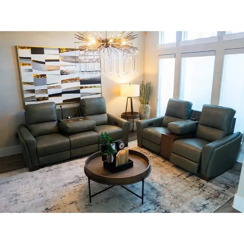 Rainforest Green Leather Modern Dual Power Reclining Living Room Set Includes Sofa and Loveseat with Dropdown table & lights - Image 5
