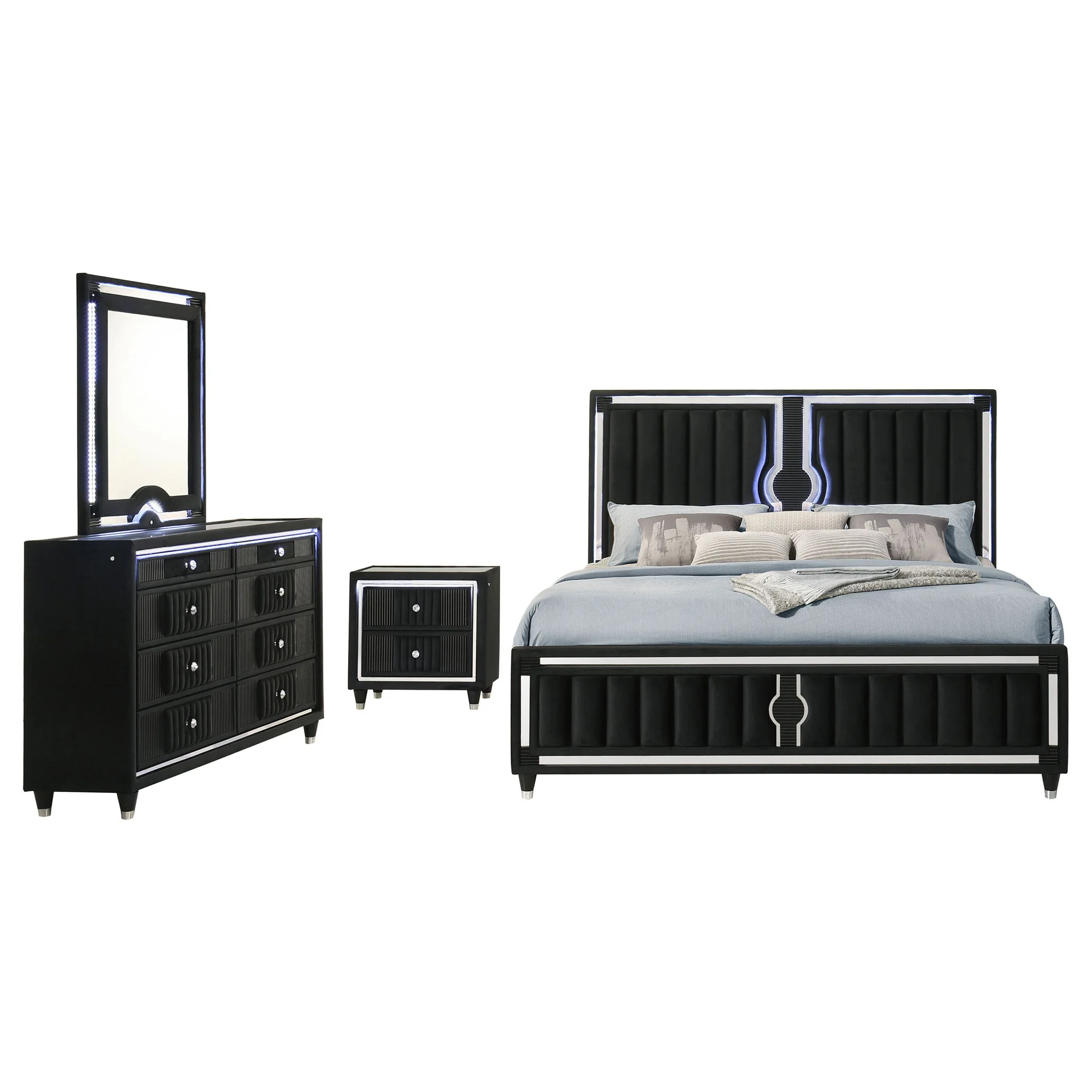 Ravenne 4-piece Velvet Upholstered Eastern King LED Bedroom Set Black - Image 3