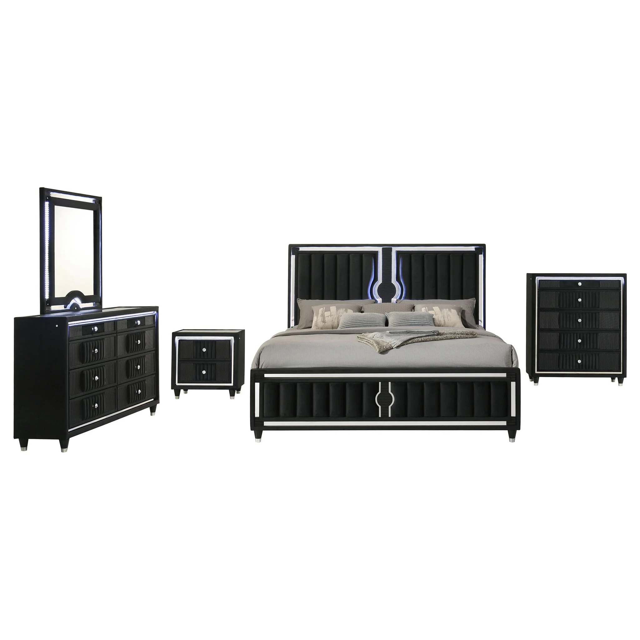 Ravenne 5-piece Velvet Upholstered California King LED Bedroom Set Black - Image 4