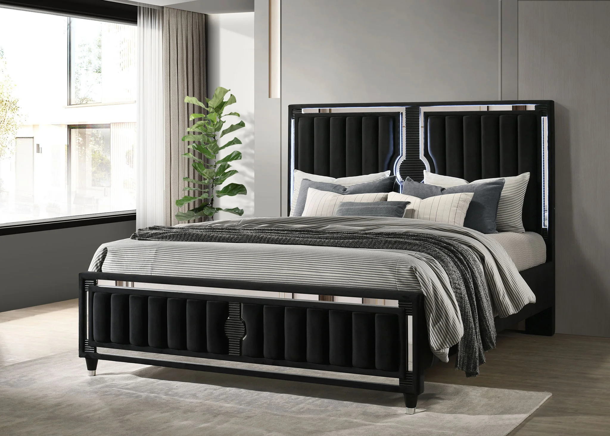 Ravenne Velvet Upholstered California King LED Panel Bed Black - Image 3
