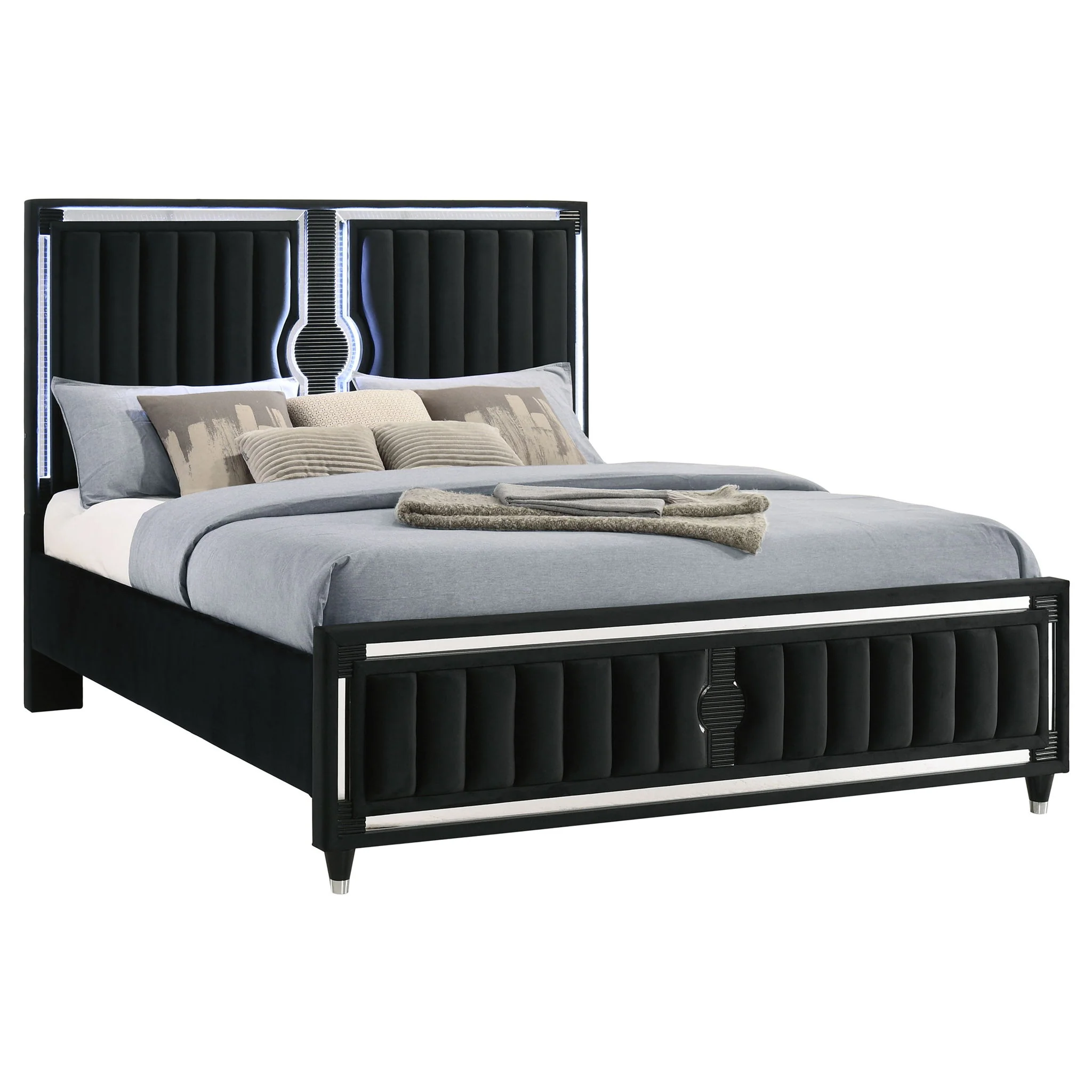 Ravenne Velvet Upholstered Eastern King LED Panel Bed Black - Image 3