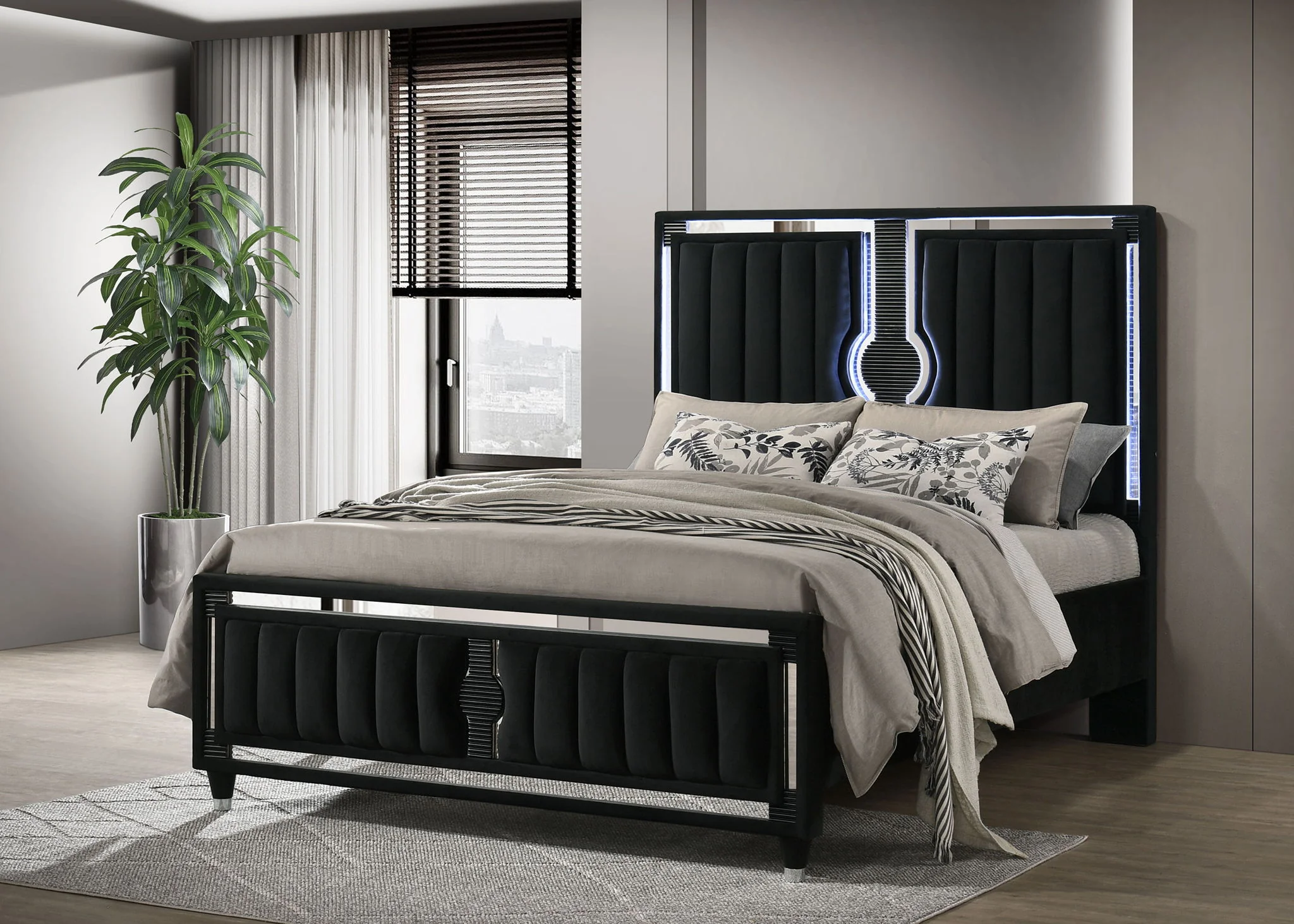 Ravenne Velvet Upholstered Queen LED Panel Bed Black - Image 2