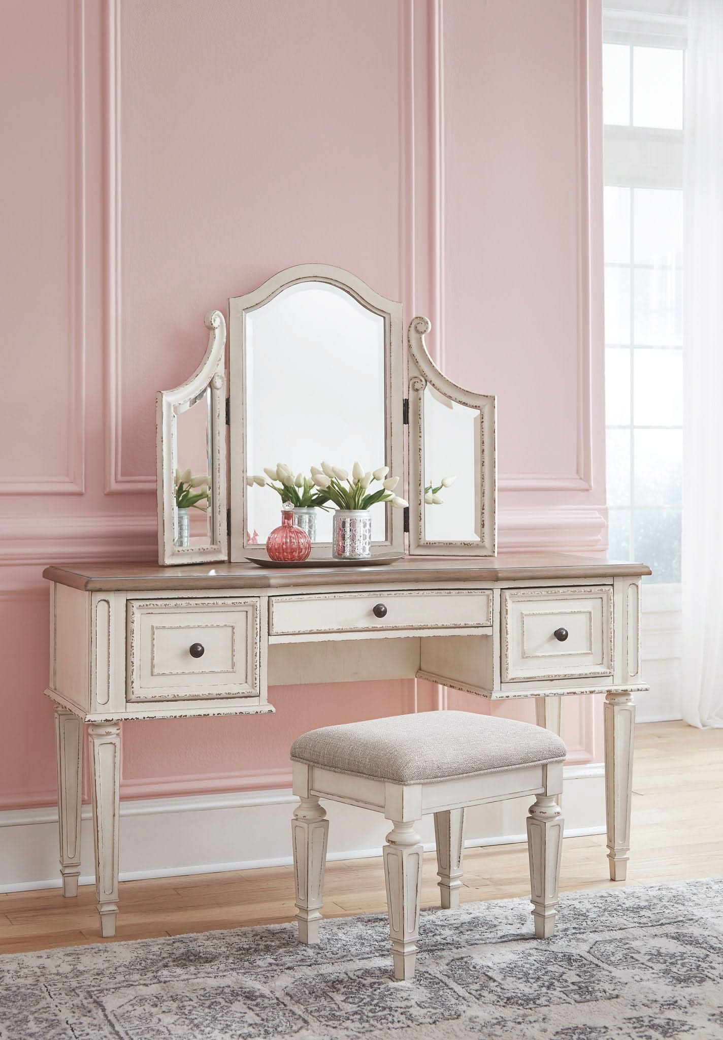 Realyn - Vanity/Mirror/Stool (Set of 3) - White / Brown / Beige - Image 2
