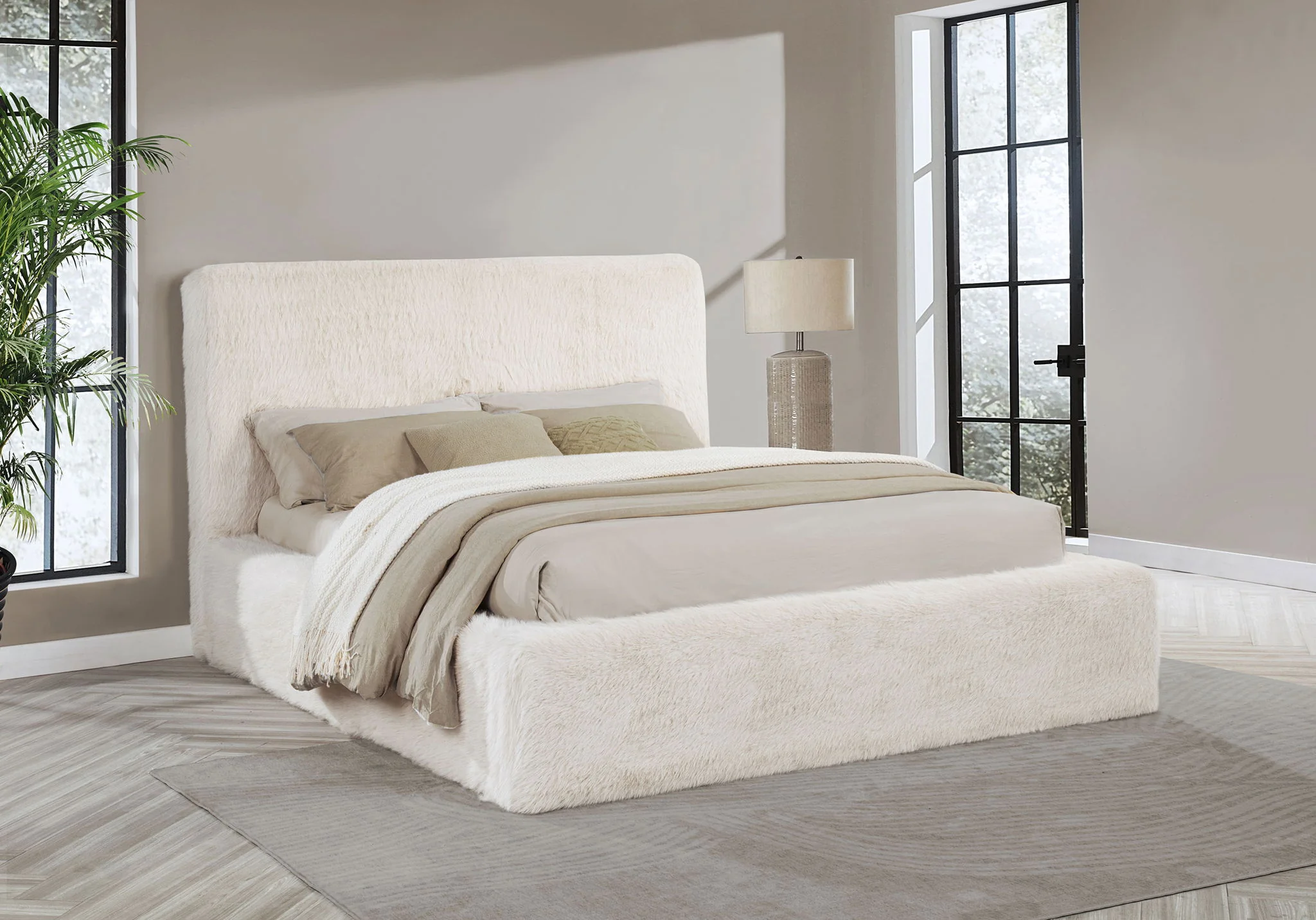 Rebecca Faux Fur Upholstered Eastern King Bed Cream - Image 2