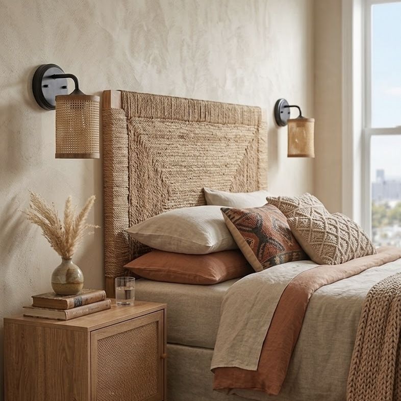 Reef - Single Lights Wall Sconce With Natural Shade Rustic Wicker Wall Light - Black / Rattan - Image 4
