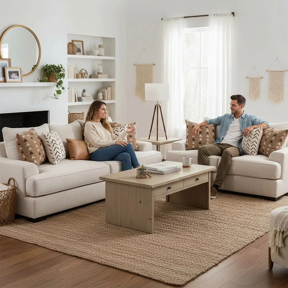Renegade Beige Fabric Loveseat with Loose Cushions and Throw Pillows - Image 7