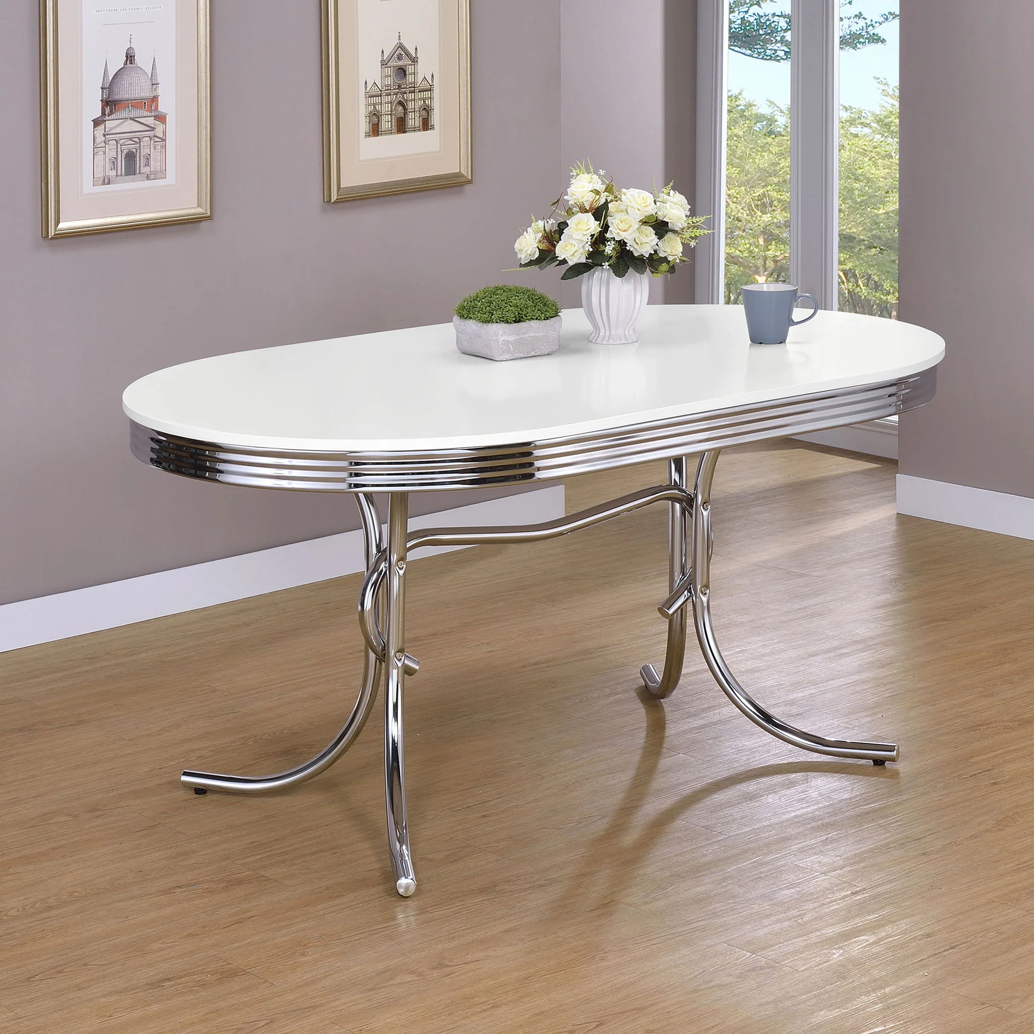 Retro Oval 60-inch Wood Top Dining Table White and Chrome - Image 4