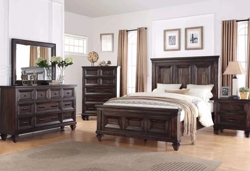 Rochelle Walnut Rustic Mediterranean 5PC Queen Bedroom Set with Bed, Dresser & Mirror