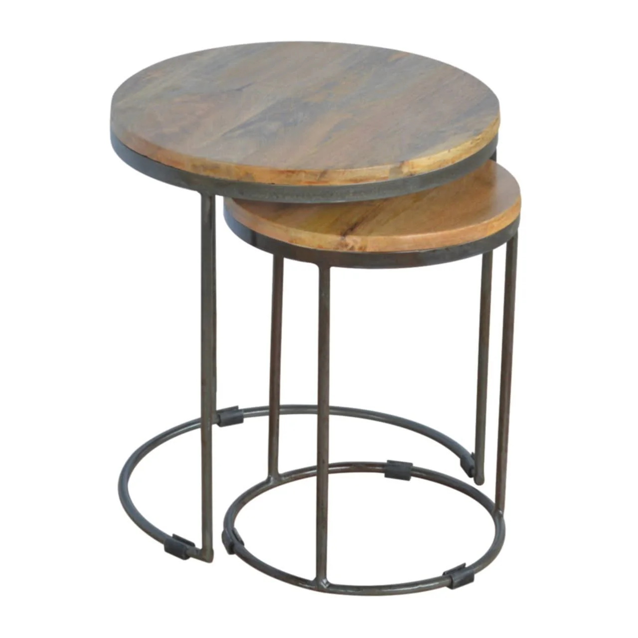Round Stool Table With Iron Base (Set of 2) - Brown / Black - Image 4