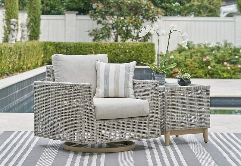 Seton Creek Contemporary Outdoor All Weather Swivel Lounge Chair with Cushions and Throw Pillow - Image 2