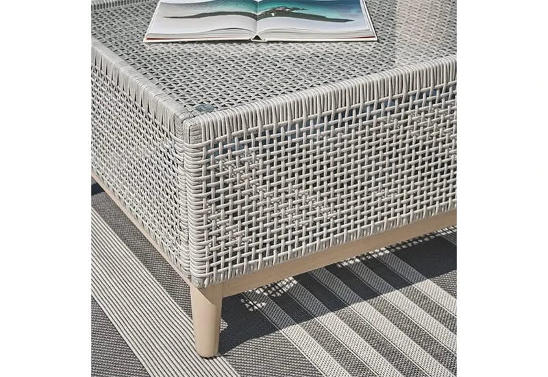 Seton Creek Contemporary Outdoor All Weather Wicker Aluminum Cocktail Table with Tempered Glass Top - Image 3