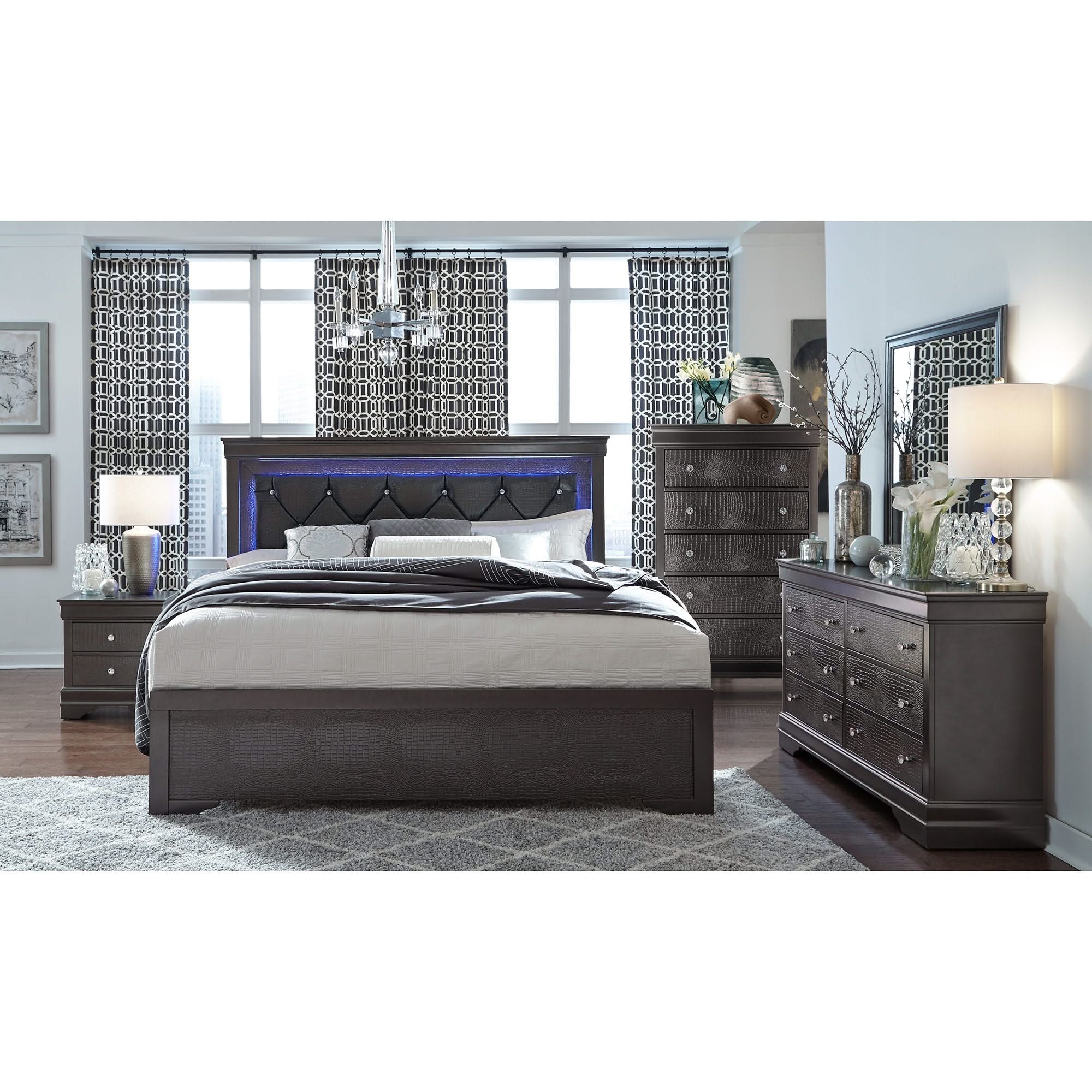 Shaker - 5 Pieces Bedroom Set With Crystal Inspired Tufted Headboard And LED Lighting - Image 7