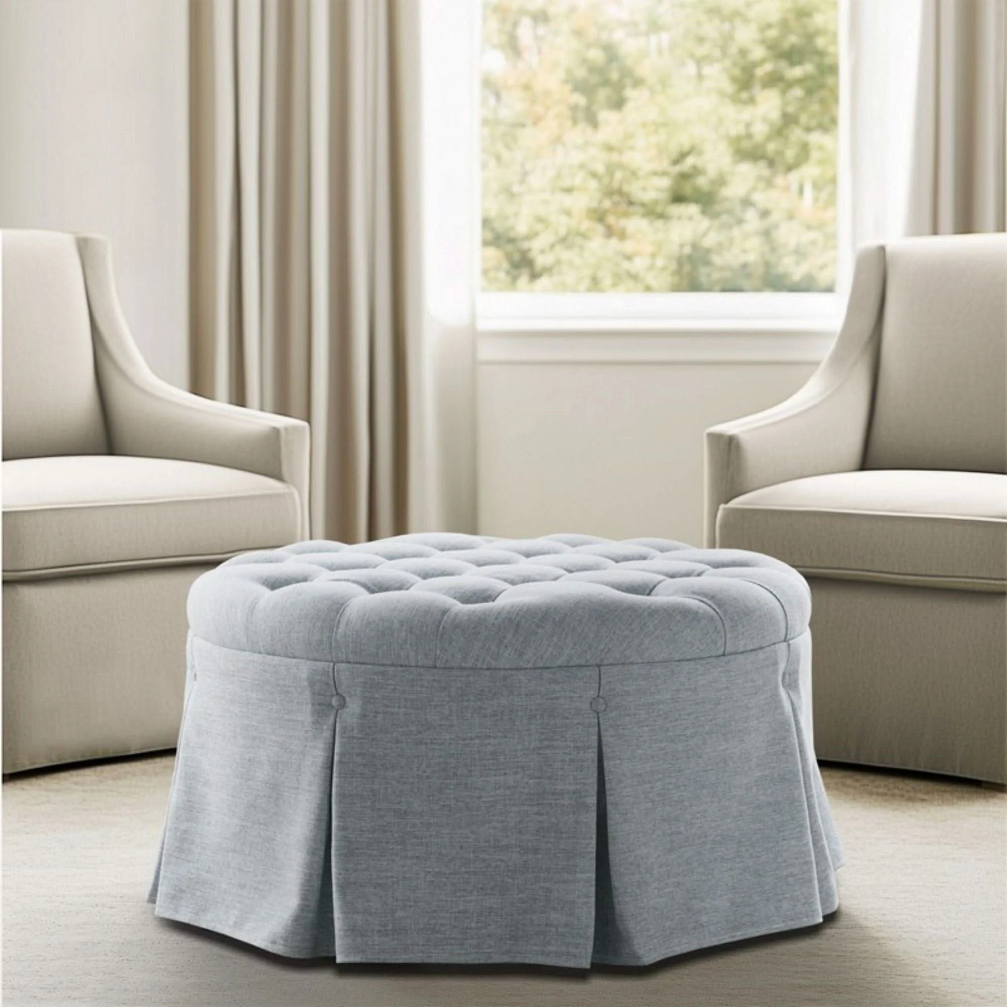 Skirted Tufted Round Ottoman With Button Top - Gray - Image 3