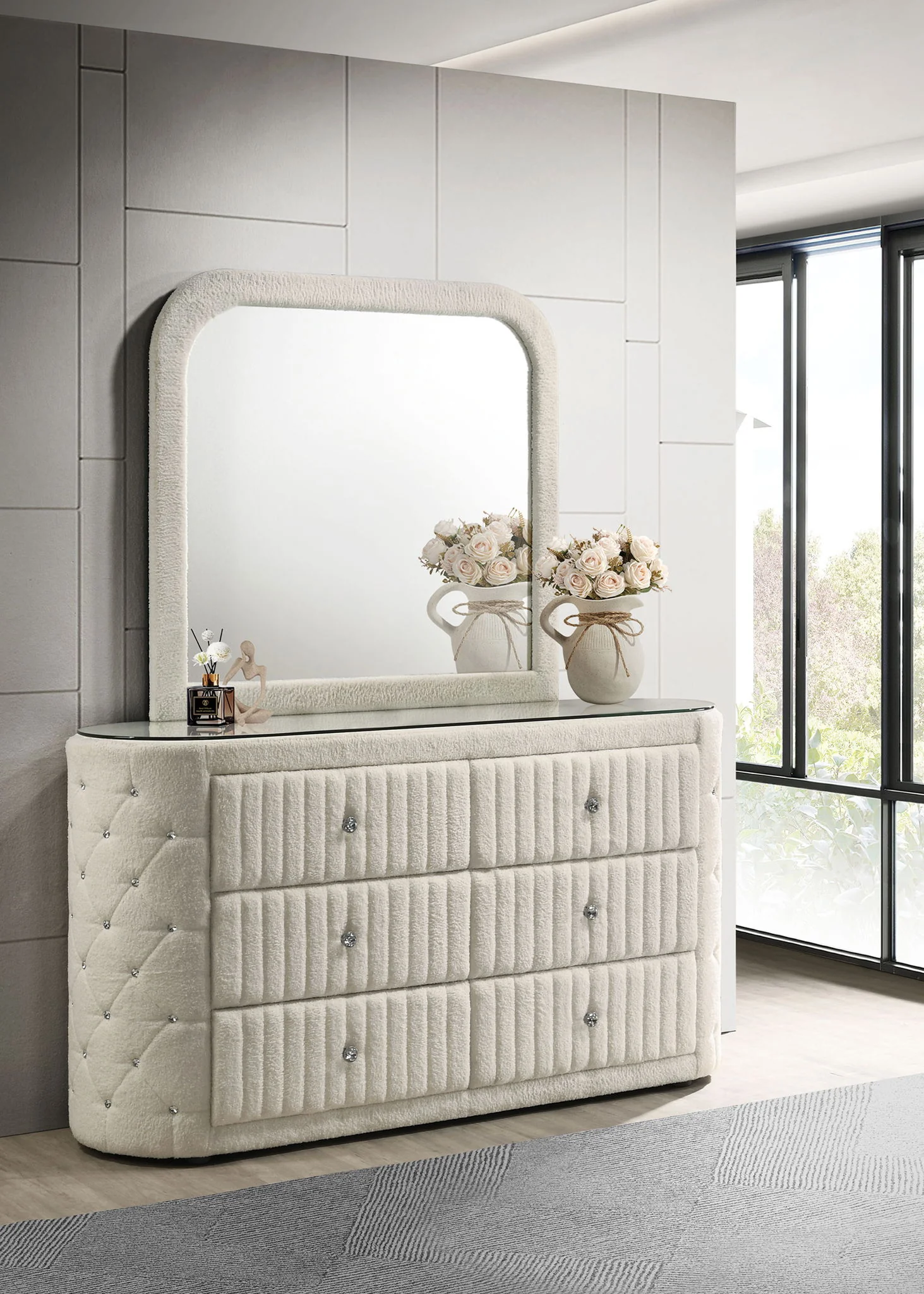 Sonya 6-drawer Upholstered Bedroom Dresser with Mirror Ivory - Image 2