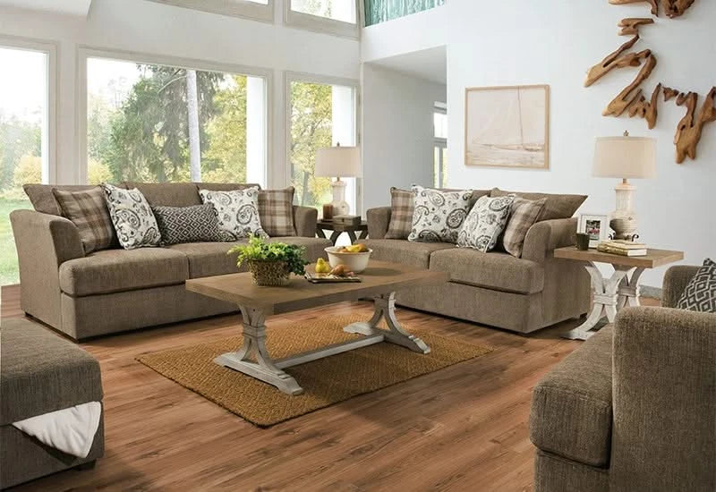 Sophie Taupe Sofa & Loveseat Set with Reversible Cushions and Designer Pillows