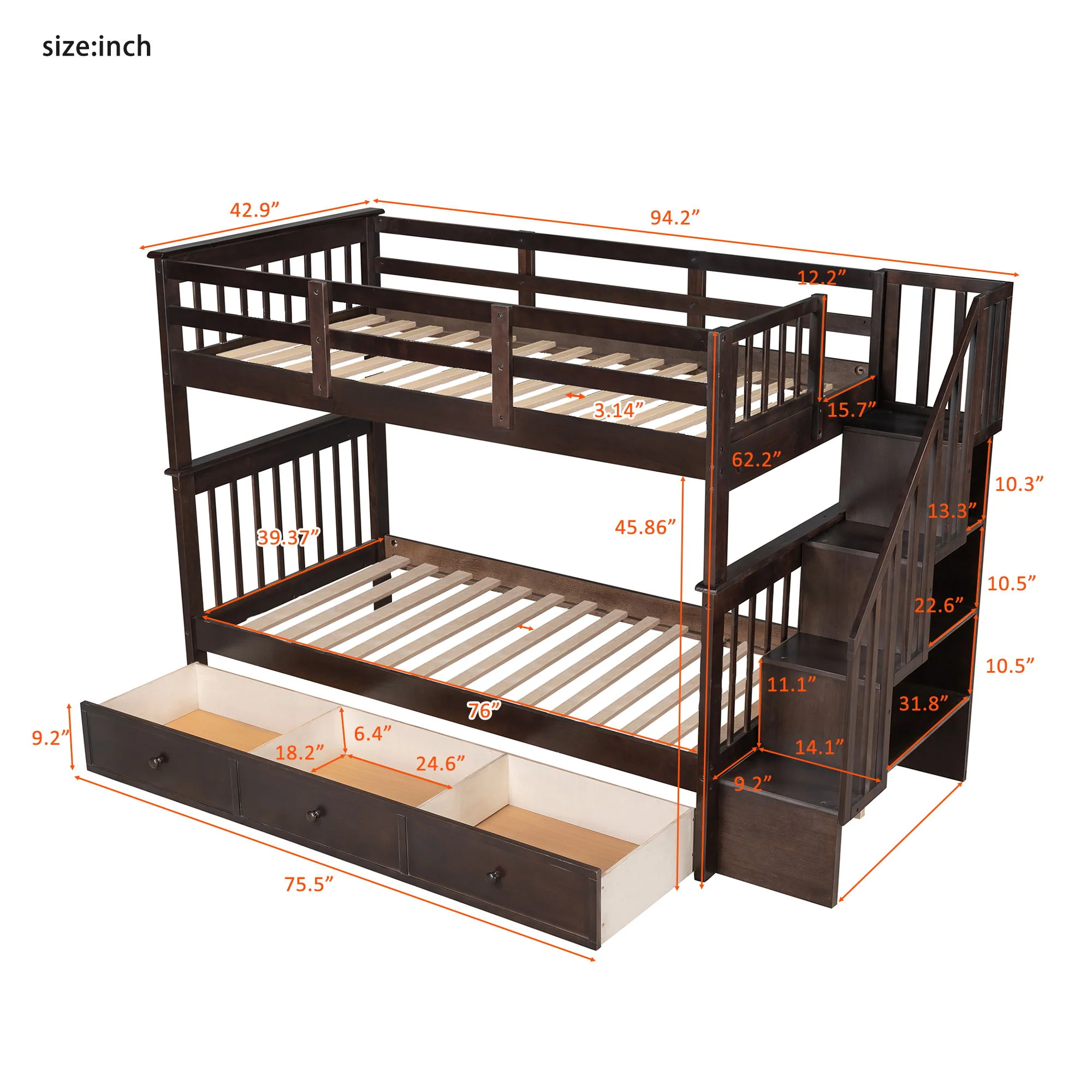 Stairway Bunk Bed With Storage And Guard Rail For Bedroom - Image 14