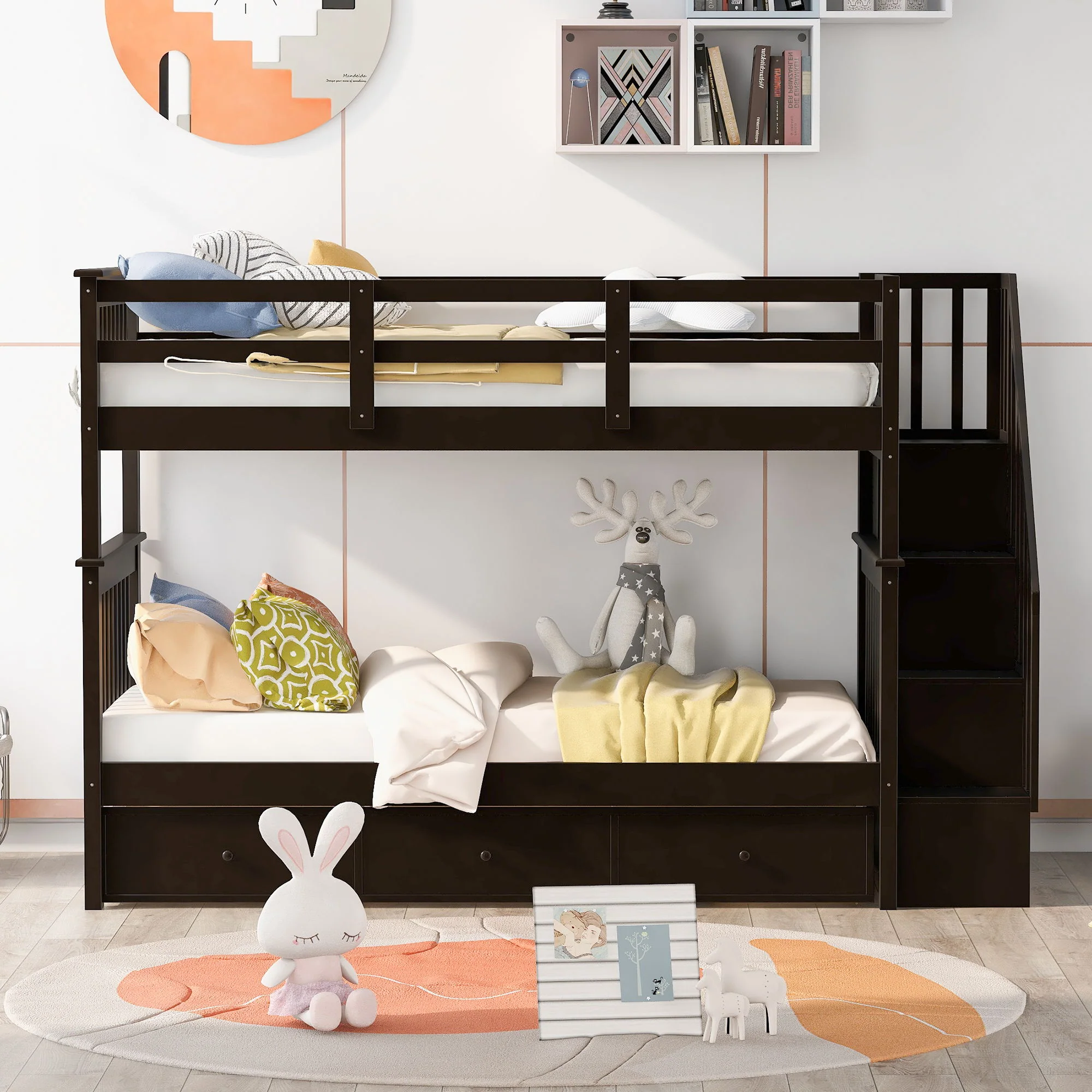 Stairway Bunk Bed With Storage And Guard Rail For Bedroom - Image 21