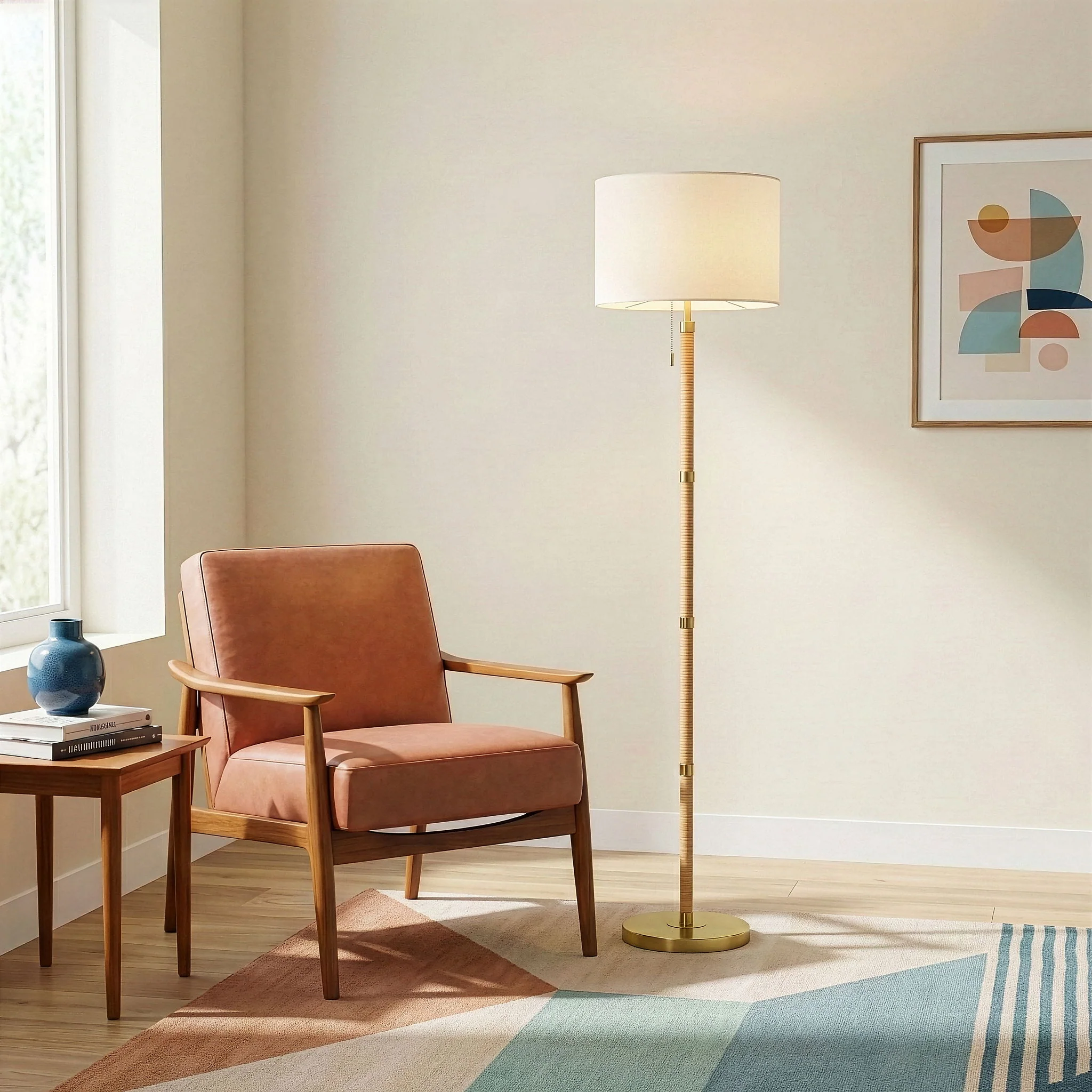 Stellar - Linen Shade Floor Lamp - Gold / Natural Wood / Rattan / White - Image 4